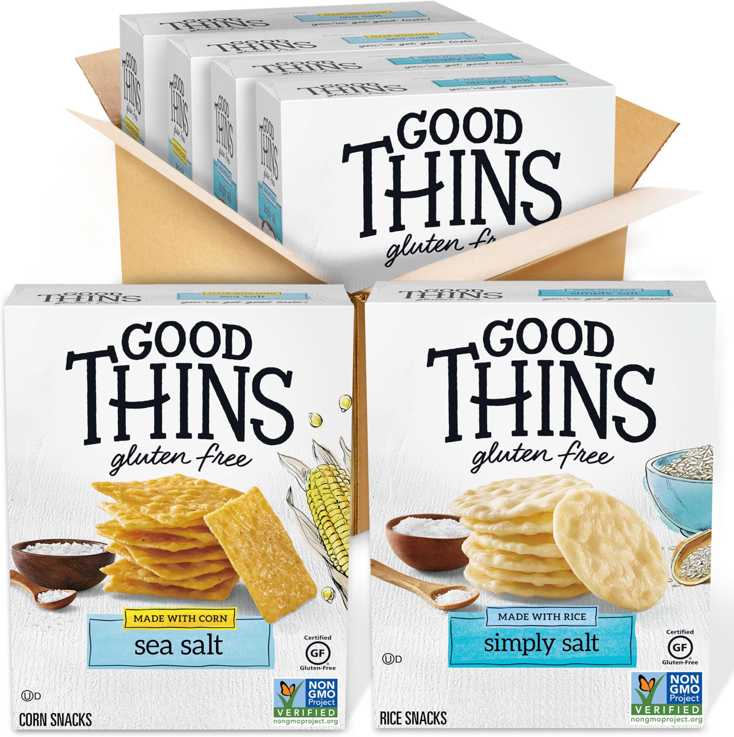 GOOD THINS Rice & Corn Snacks Gluten Free Crackers Variety Pack, Bulk Snack Crackers, 4 Boxes