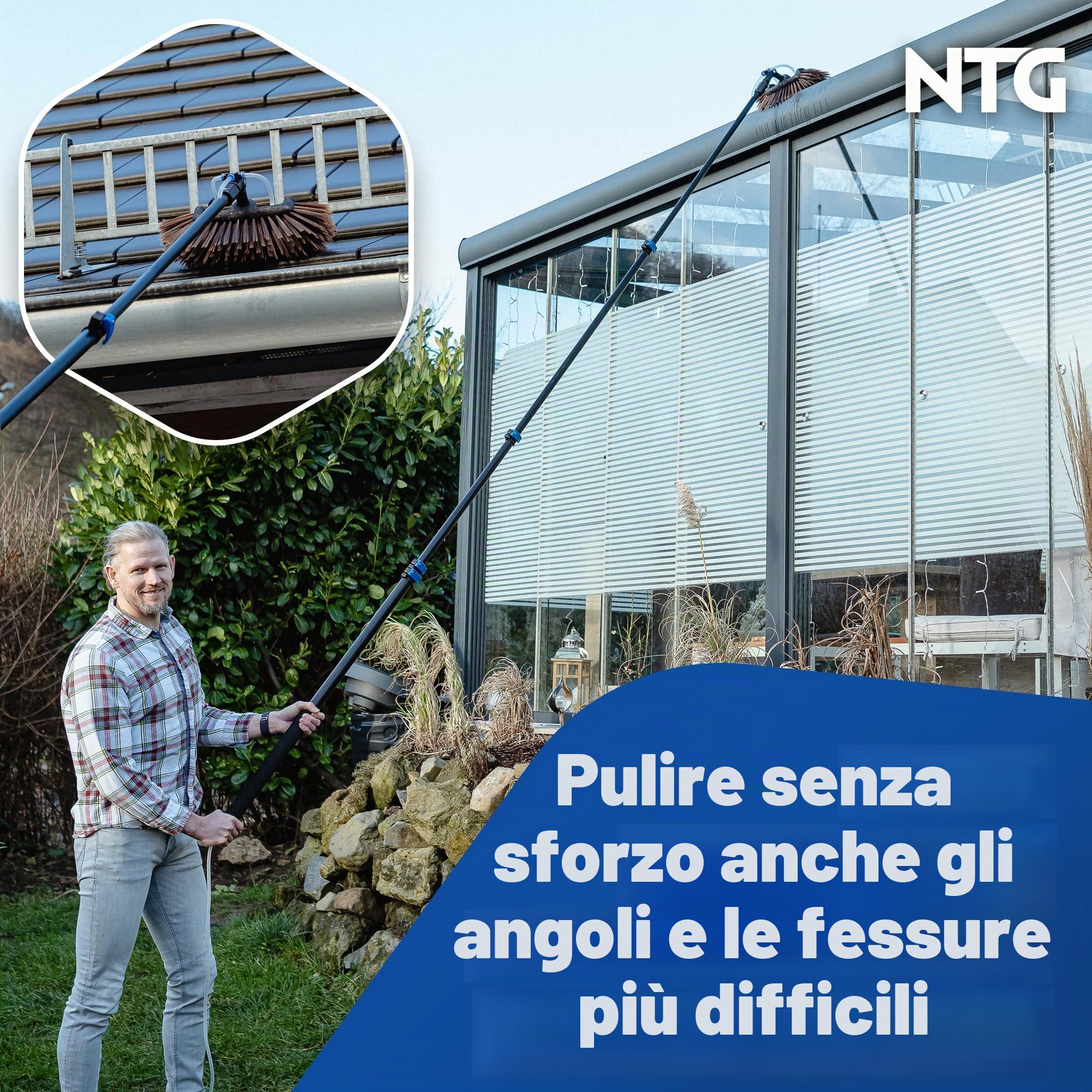 NTG Spazzola telescopica 1,68 – 7 m 3 in 1 con setole morbide + panno microfibra e estrattore acqua + dispenser sapone finestre, solare (fino a 4,6 m)