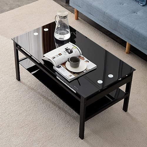 Miniatura 23 de Mesa de centro de cristal para sala de estar, mesa de centro de 2 niveles de mediados de siglo, mesa central con parte superior de vidrio templado