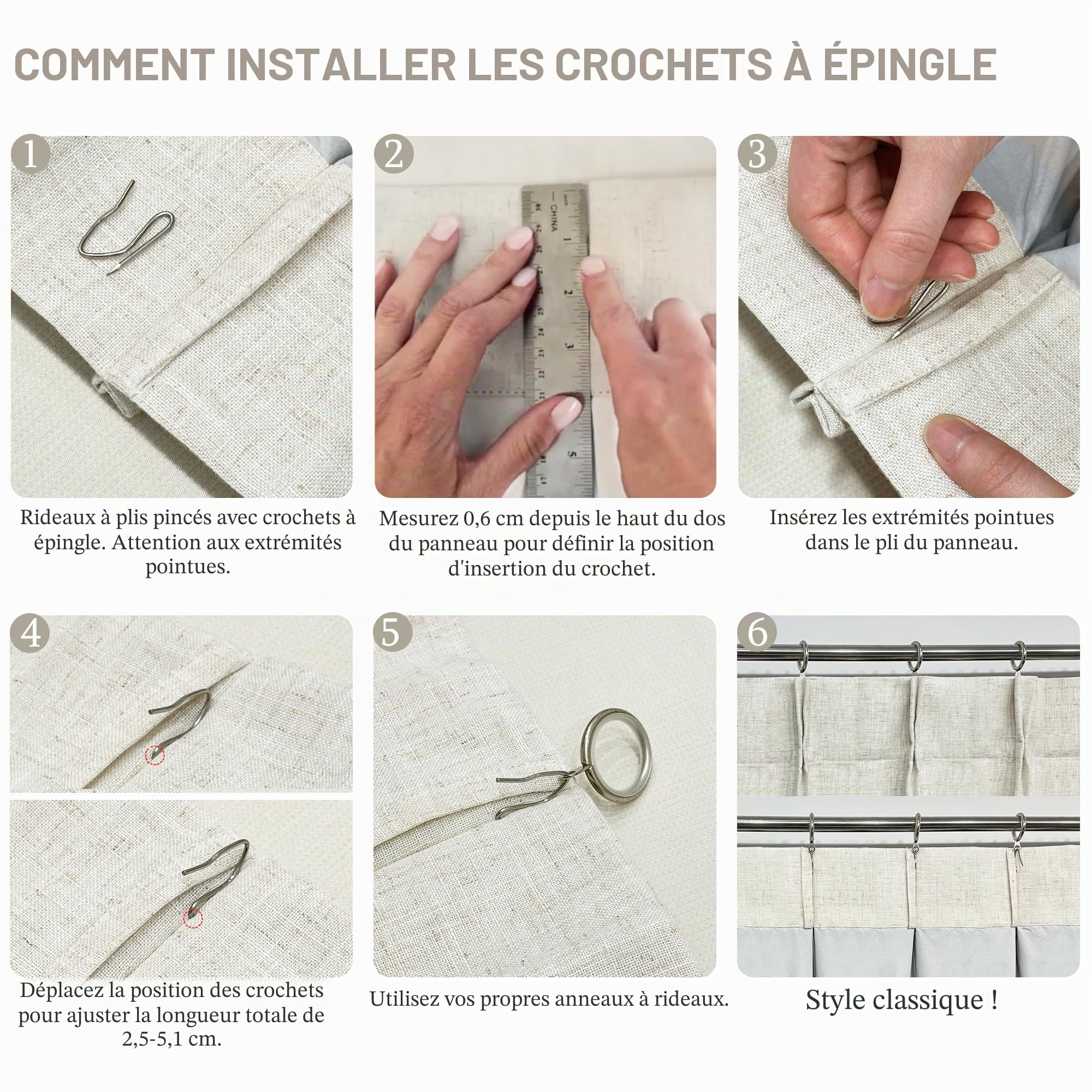 Vision Home Lot de 2 rideaux plissés entièrement occultants en lin mélangé naturel pour salon, chambre à coucher, rideaux plissés à isolation thermique avec crochets - 2 panneaux 101,6 x 241,3 cm (l x