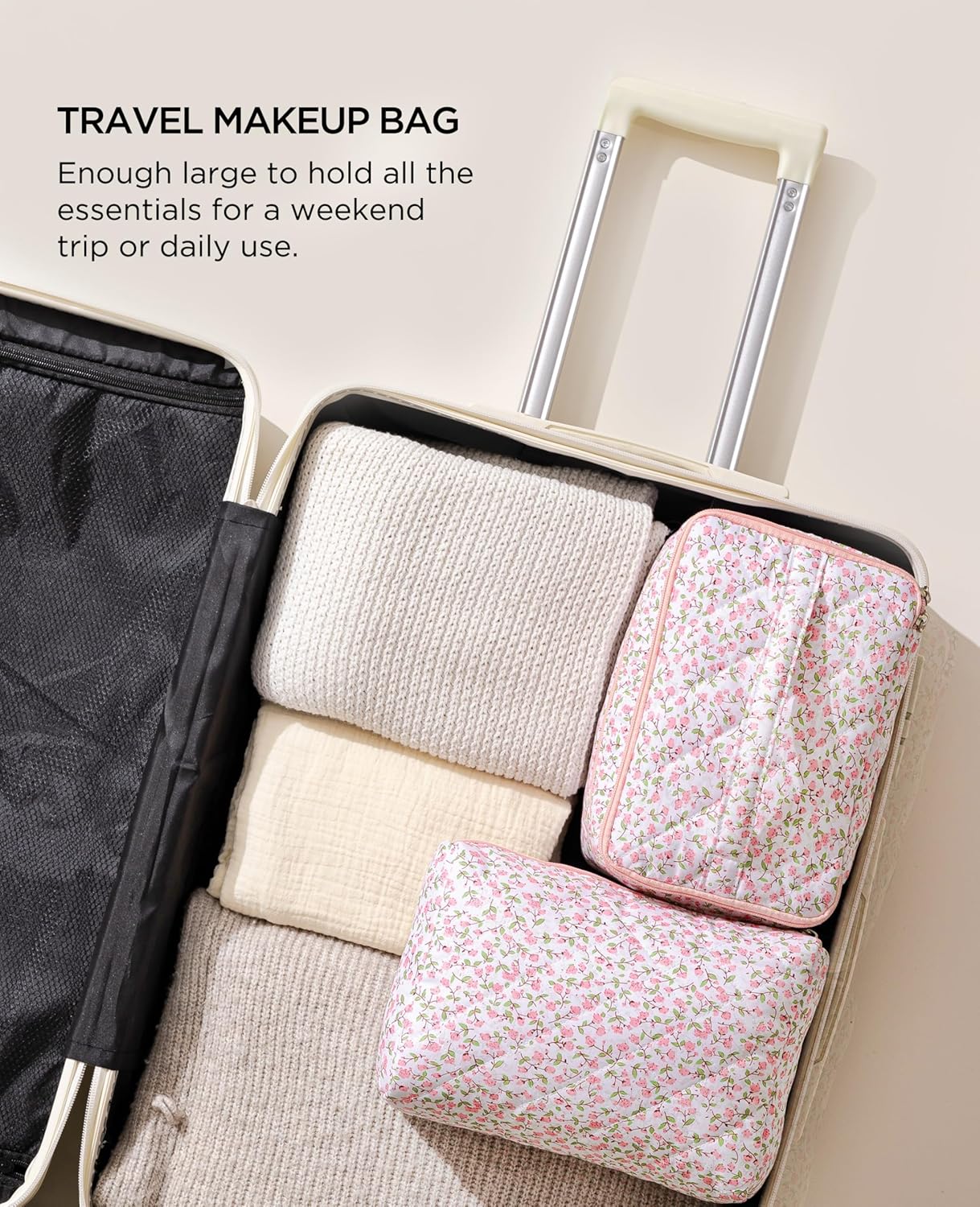 HBselect 2Pcs Travel Makeup Bag, Large Cotton Quilted Makeup Bag Cosmetic Bag Cute Make up Bag Toiletry Bags for Women Girls - Image 3