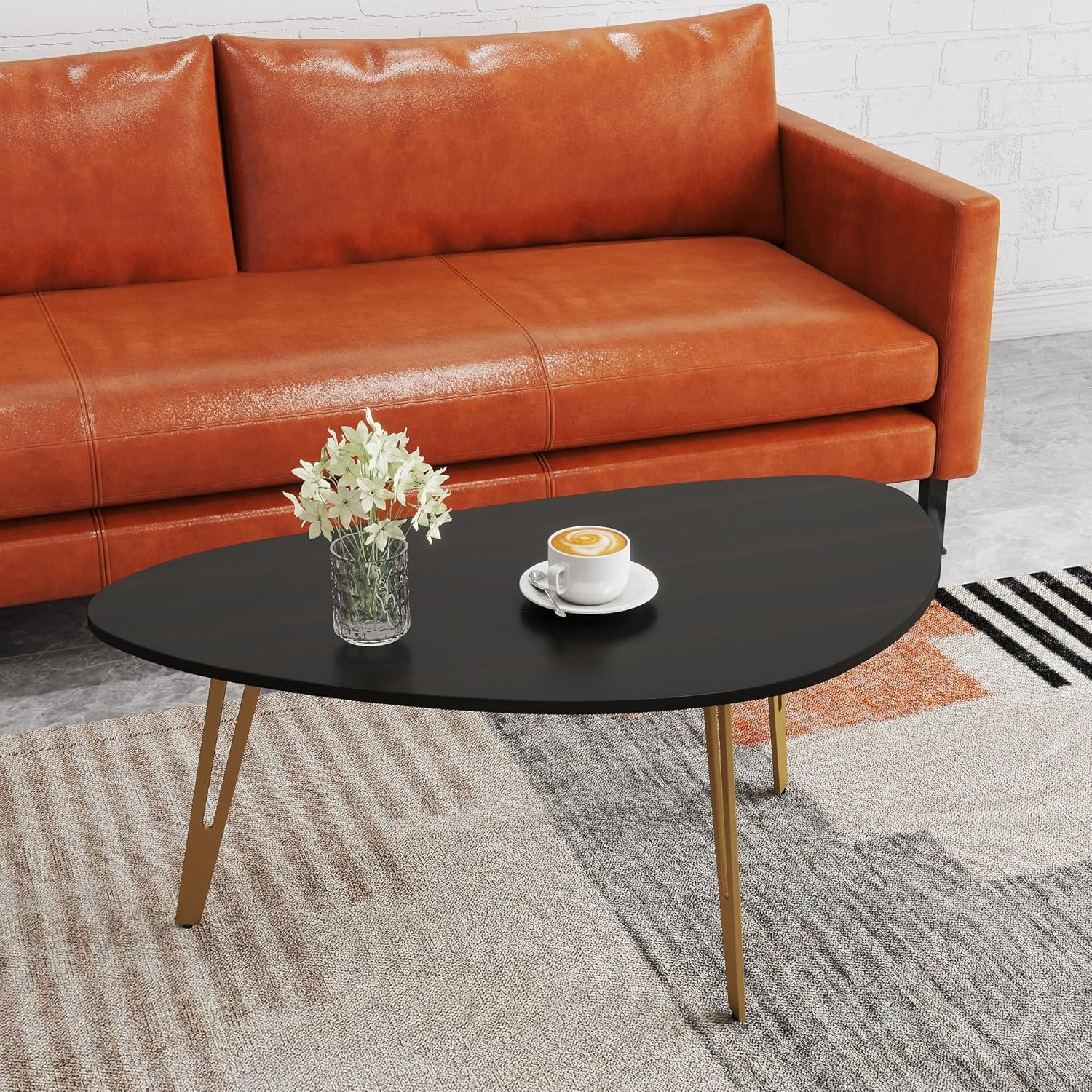 Manora Simple Dark Brown Oval Wood Coffee Table with Gold Legs, Modern Tea Table for Living Room or Office, Cute Small Center Table for Compact Space