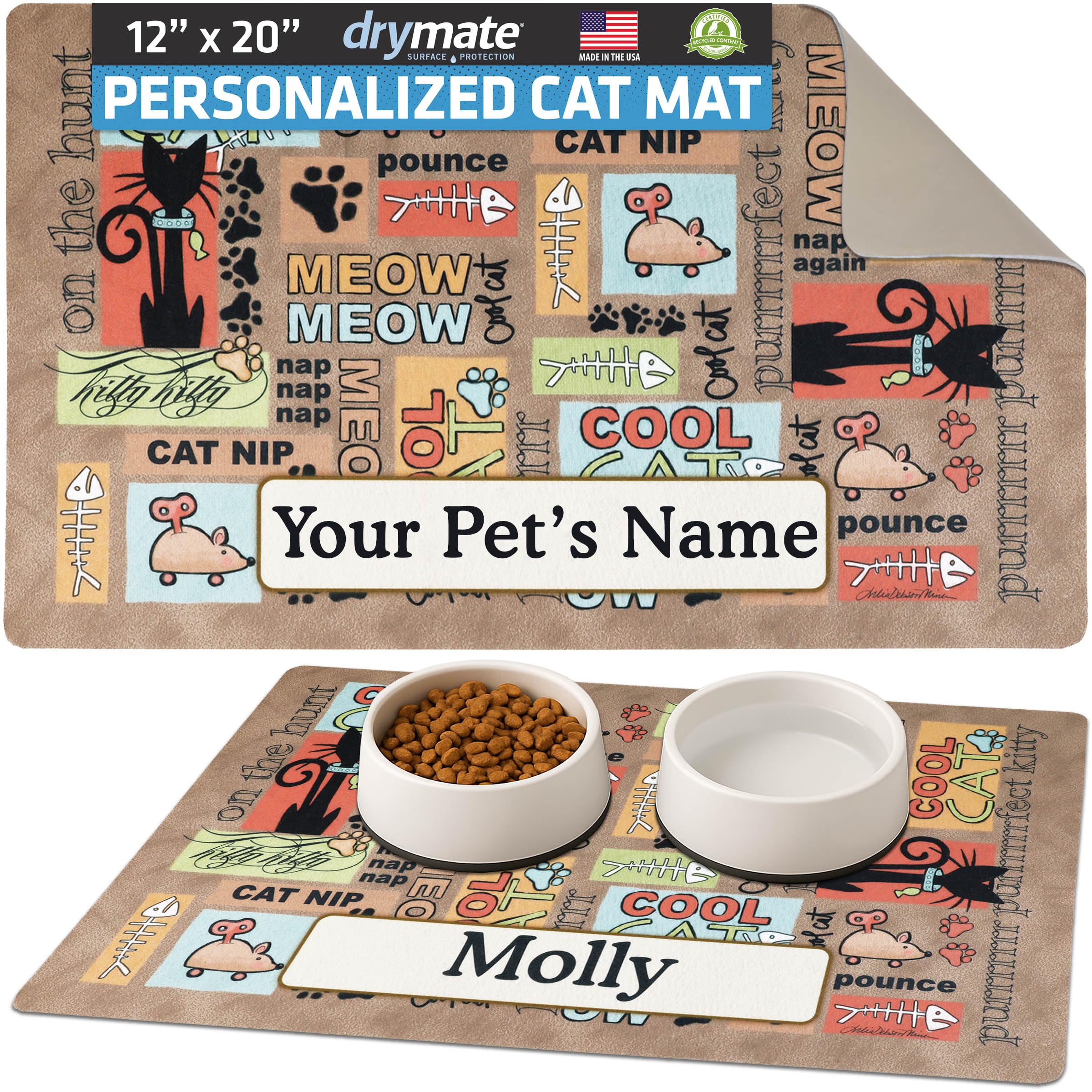 Drymate Personalized Pet Bowl Placemat, Custom Dog & Cat Food Feeding Mat - Absorbent Fabric, Waterproof Backing - Machine Washable/Durable (USA Made)