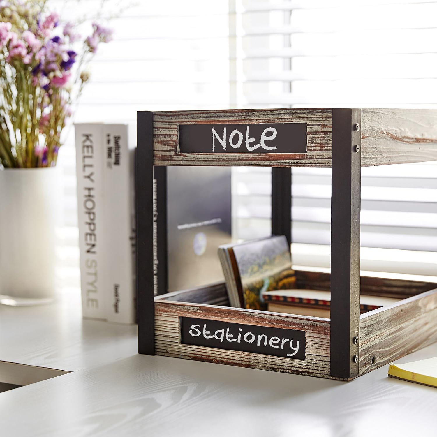 MyGift 2 Tier Torched Wood Desktop Document Letter Paper Tray with Metal Legs, Home Office Desk File Folder and Magazine Holder Rack with Chalkboard Labels