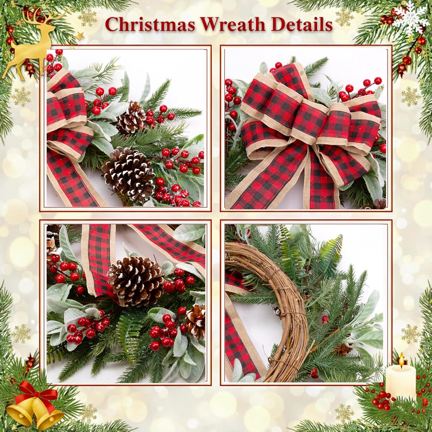 24 Inch Christmas Wreath for Front Door with Lights Flocked Lambs Leaves Winter Wreath Bow Pine Needles Pinecones for Indoor Outdoor Xmas Wall Window Holiday Decor - Image 4