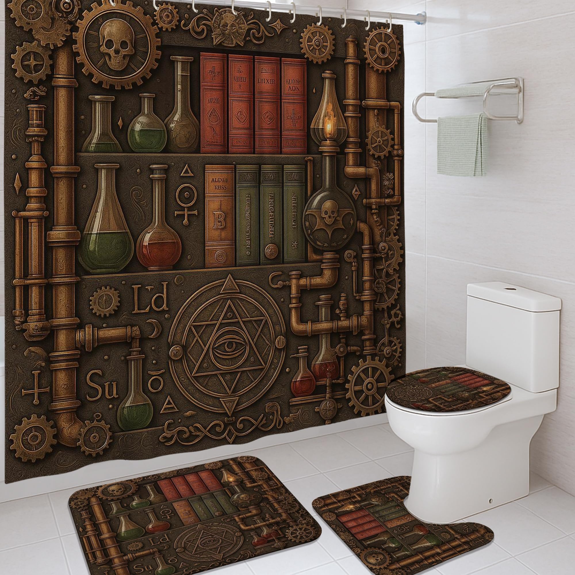 Rideau de douche steampunk et tapis marron pour salle de bain