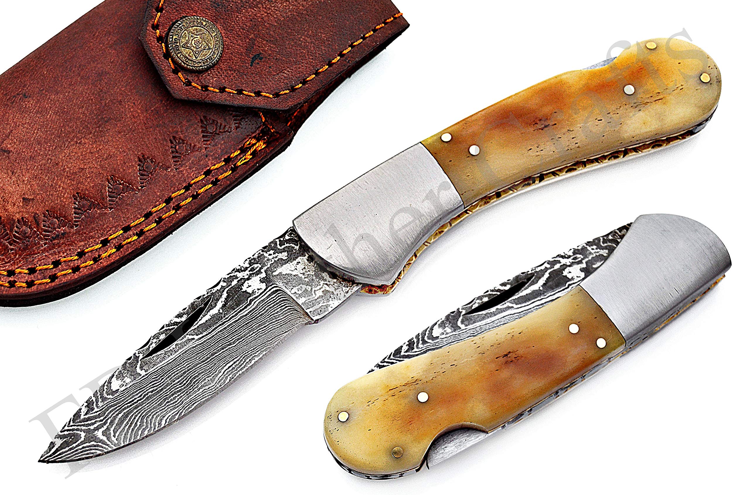 FB LEATHER CRAFTS Custom Handmade Damascus Steel Pocket Folding Knife/Pocket Knife FBK-18819 Back Lock, Bushcraft Knife/Survival Knife/Camping & Hiking/Tactical Combat/Gift