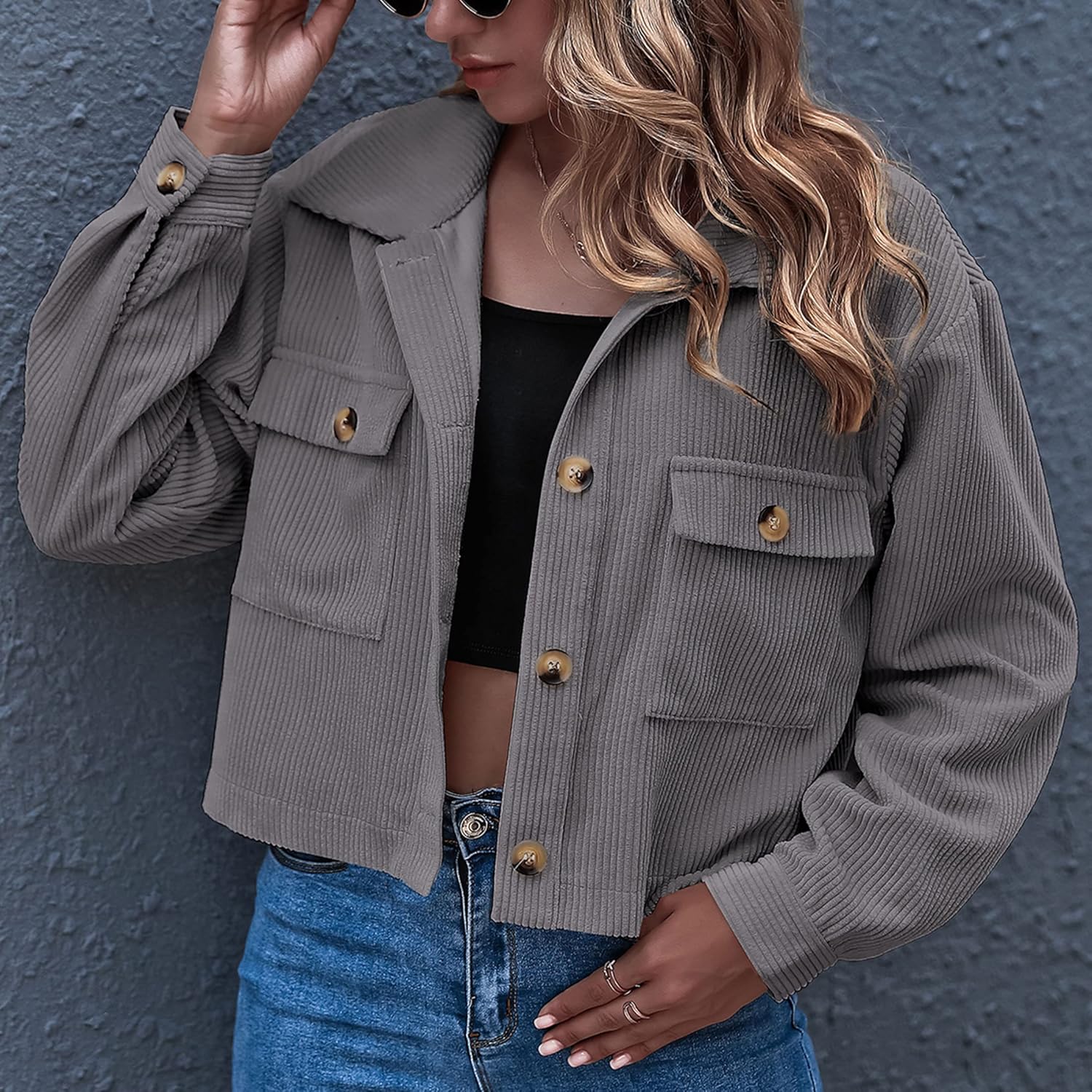 Zontroldy Womens Fashion Cropped Corduroy Plaid Shacket Jacket Button Down Long Sleeve Crop Shirts Jackets Tops - Image 3