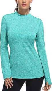 Womens Thermal Fleece Mock Neck Long Sleeve Running Shirts, Thumbholes Cold Weather Base Layer