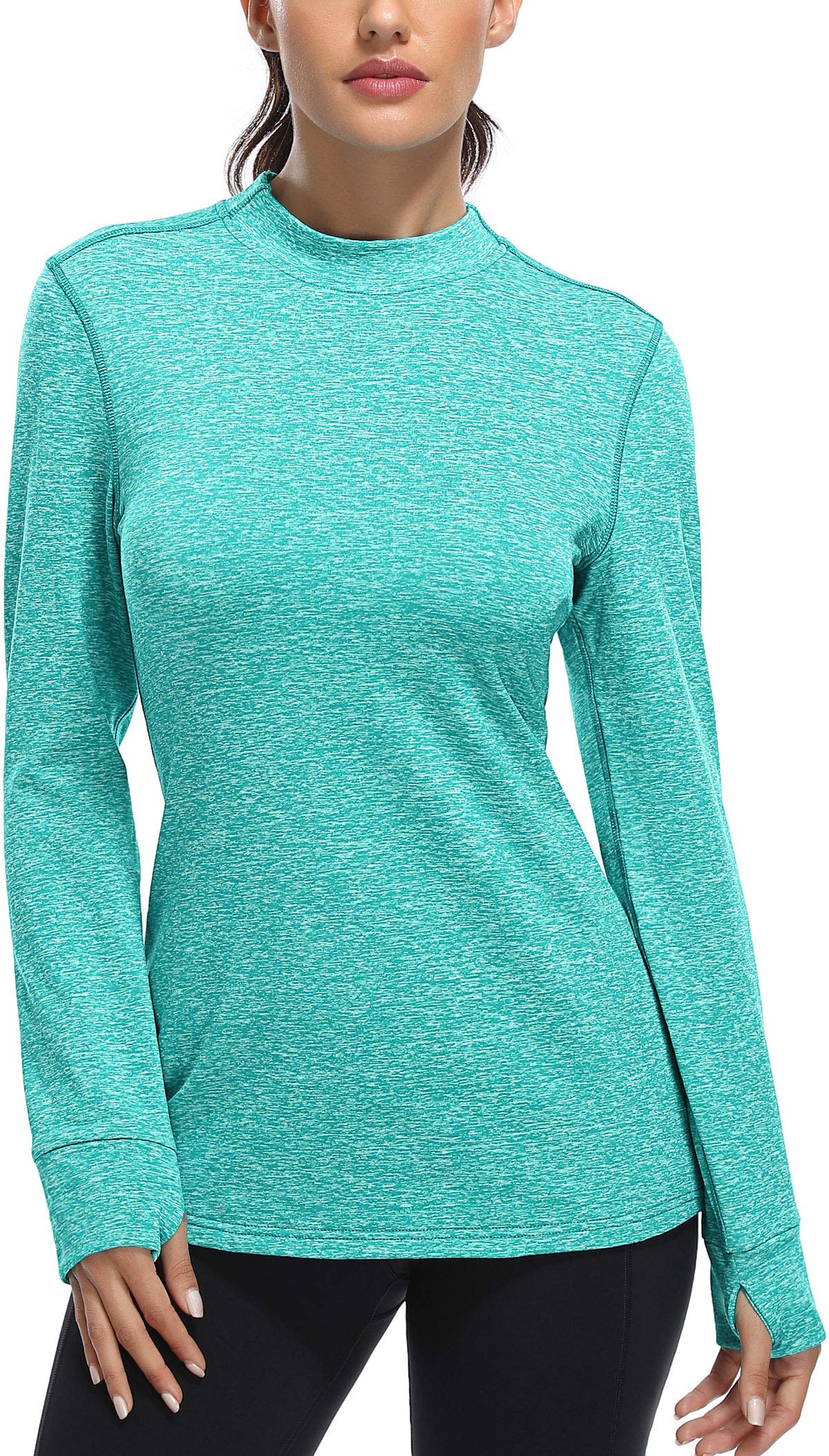 Fulbelle Cold Weather Thermal Fleece Running Gear Women, Winter Mock Neck Workout Top T-Shirts Long Sleeve Thumb Hole Lounge Fall Fashion Ladies Casual Blouses Sweatshirt Pullover Green Small