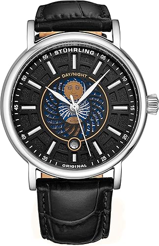 Stuhrling Original - Reloj de pulsera para hombre con correa de piel y caja de acero inoxidable, esfera analógica con fecha y día y noche