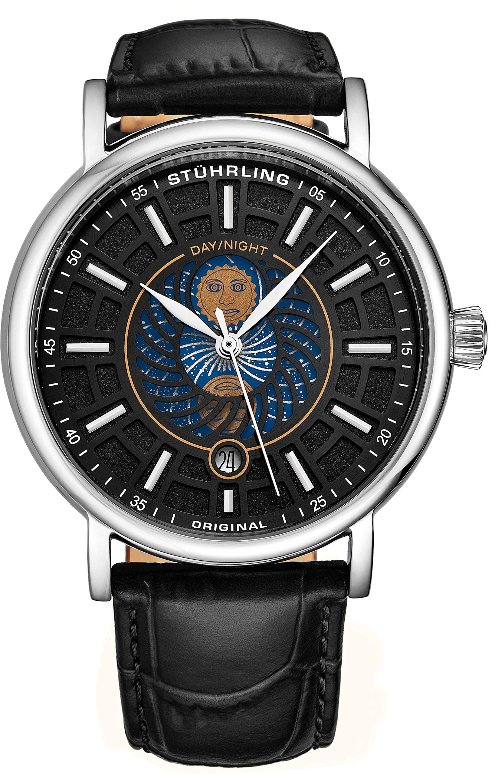 Stuhrling Original Mens Day/Night Dress Watch - Stainless Steel Case and Leather Band - Analog Dial with Date and Day/Night Complication Duet Mens Watches Collection