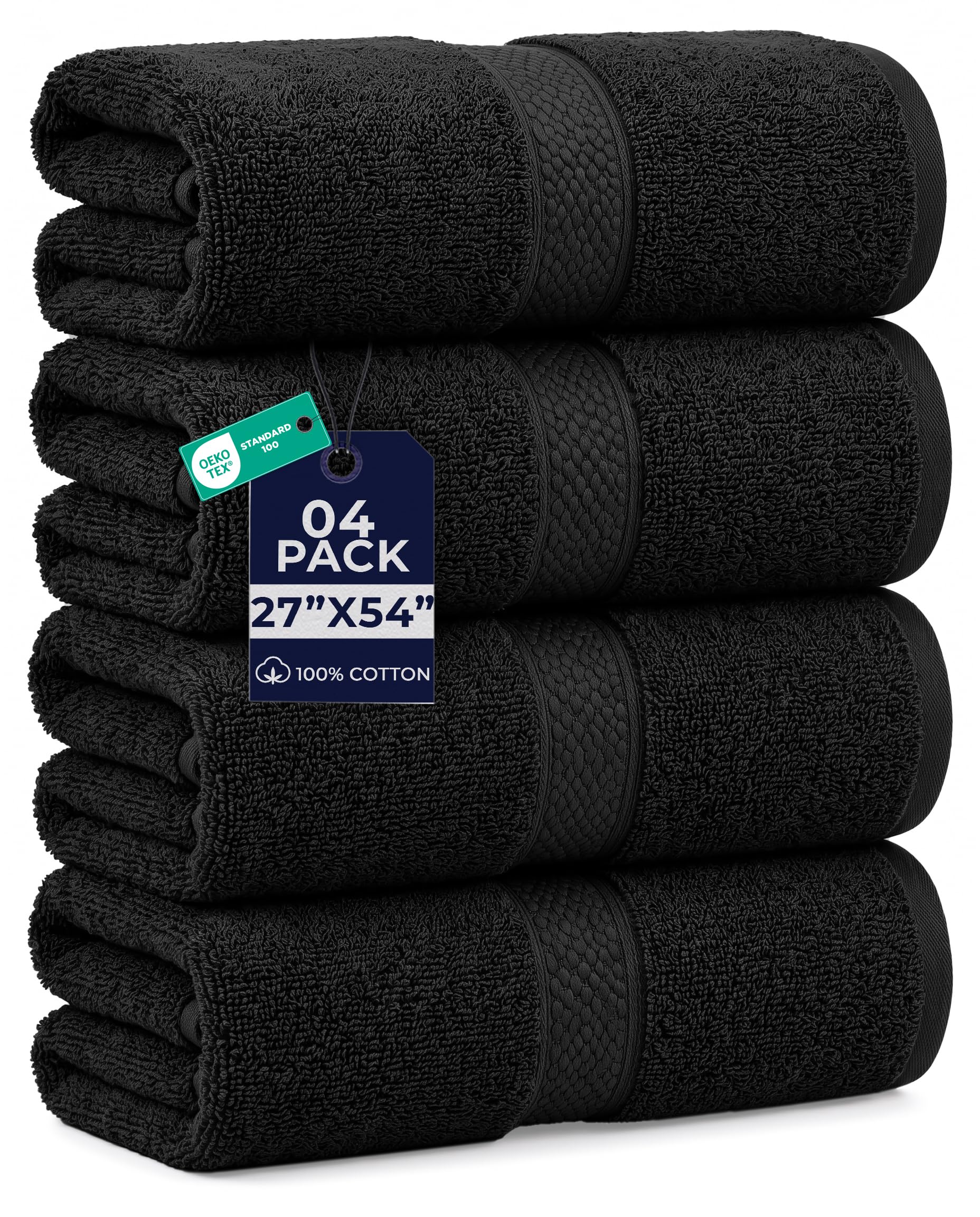 DAN RIVER 600 GSM Cotton Large Bath Towels Set of 4, 27 x 54 Inches, Black