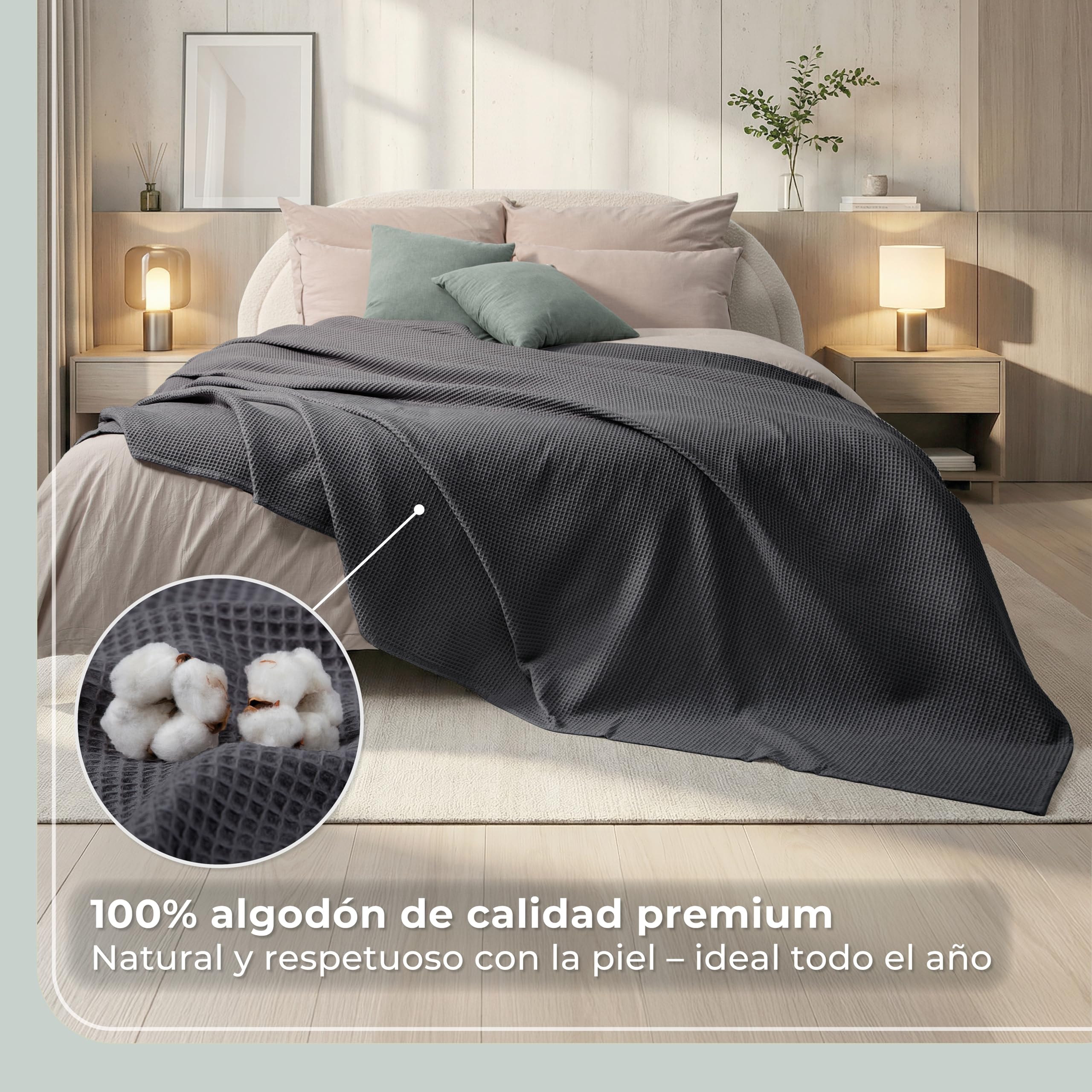 LAYNENBURG Manta para Sofá Verano 150 x 200 cm - Waffle Pique 100% Algodón - cocha Ligera de Verano - Manta de algodón como Manta de Cama, de sofá - Manta de sofá aireada (Antracita)