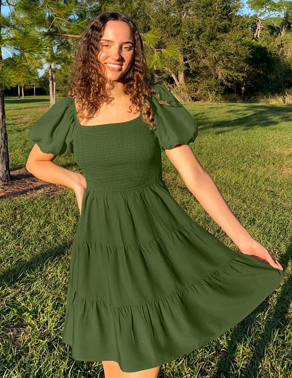 ZESICA Women's Boho 2026 Summer Square Neck Puff Sleeve Off Shoulder Smocked Tiered Casual A Line Short Mini Dress - Image 4