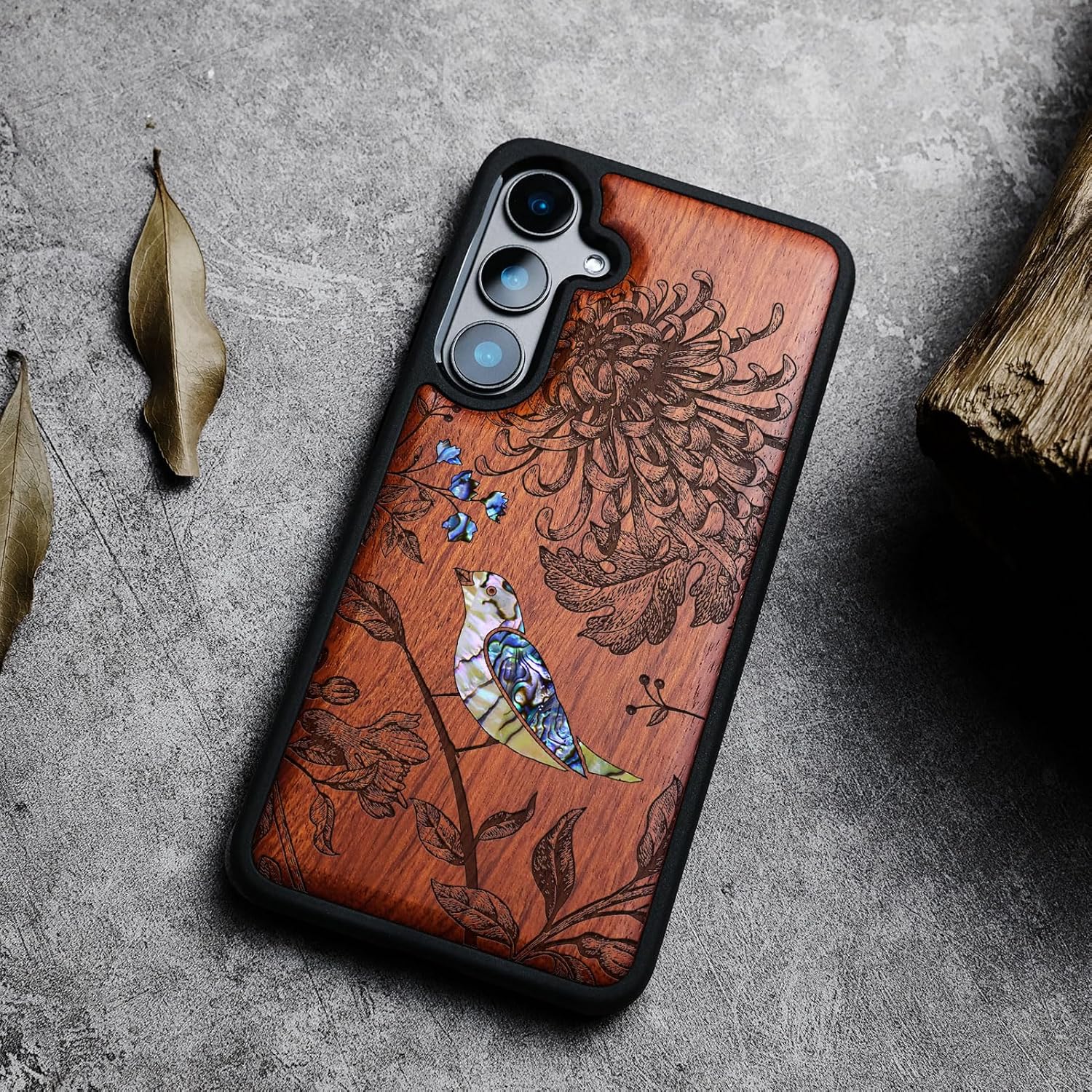 Carveit Designer Wooden Case for Samsung Galaxy S24 Case [Wood Engraving & Shell Inlay] Compatible with Wireless Chargers S24 Cover (Flowers and Bird-Rosy)