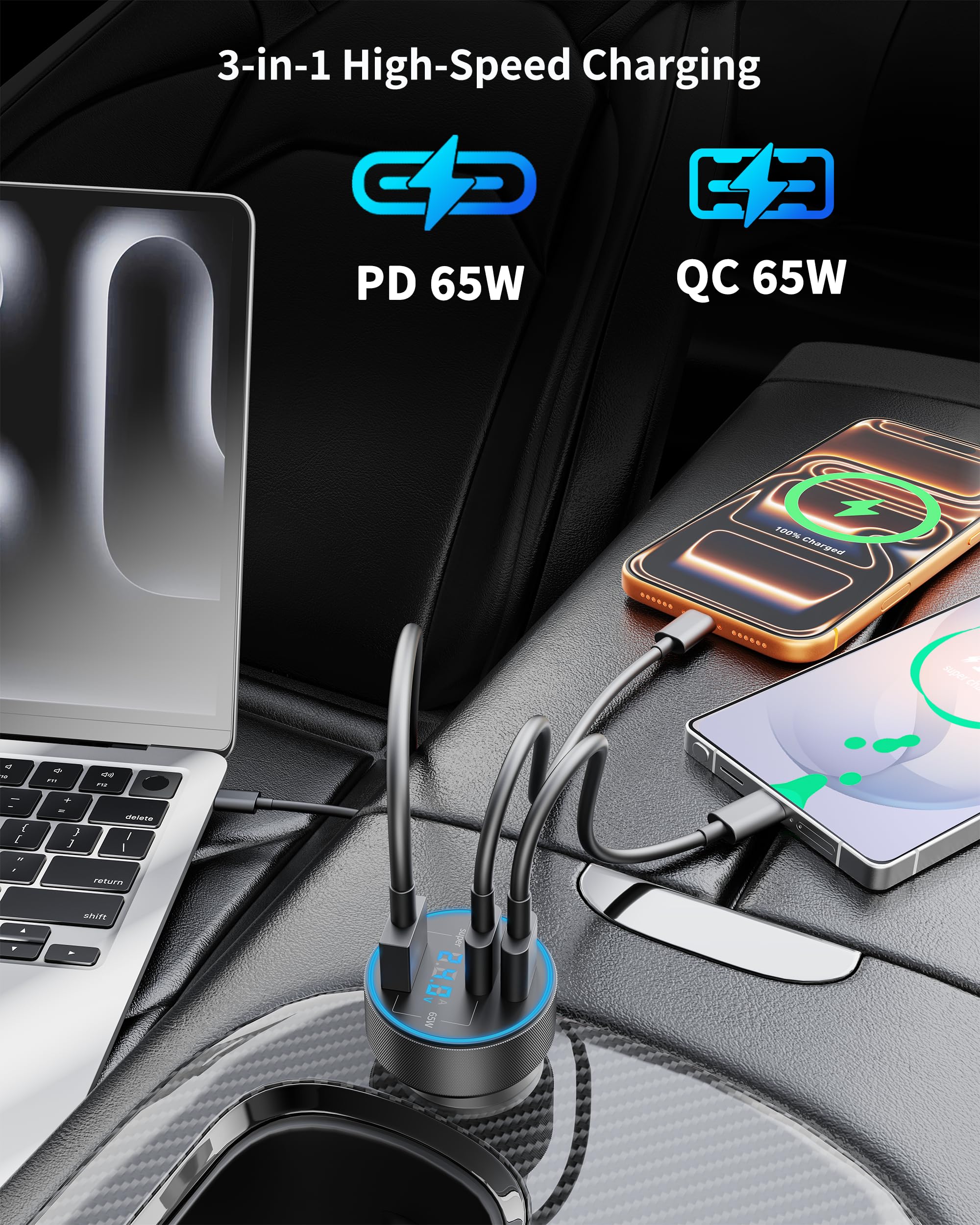 Caricabatteria da auto USB C a 3 porte 130 W tipo C ricarica ultra veloce caricabatteria da auto accessori con display di tensione accendisigari per iPhone 17/16/15/14/13/12, iPad, Galaxy S25/S24/S23