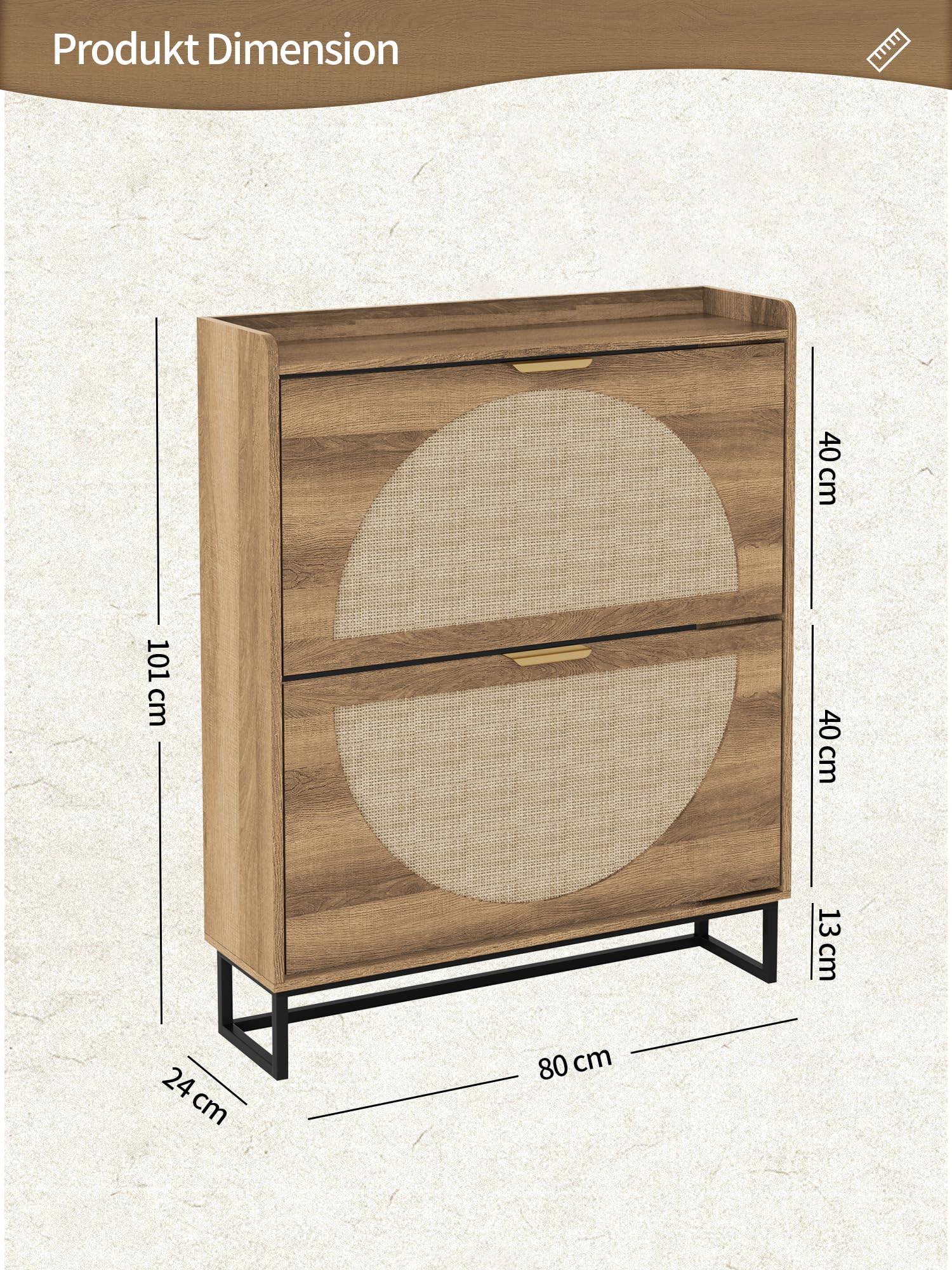 BonVache Rattan Schuhschrank Schmal, Boho Schuhkipper Holz mit 2 Klappen & Verstellbar, Platzsparendes Schuhregal Schuhaufbewahrung für Eingang & Wohnzimmer, 80x24x102 cm