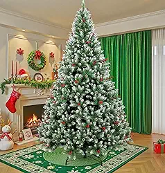 Árvore de Natal, 2.4M Arvore de Nata 1550 Galhos, Decoração de Natal, Árvore de Natal com Pinhas, Cerejas e Neve, com Base de Metal, (2.4M)