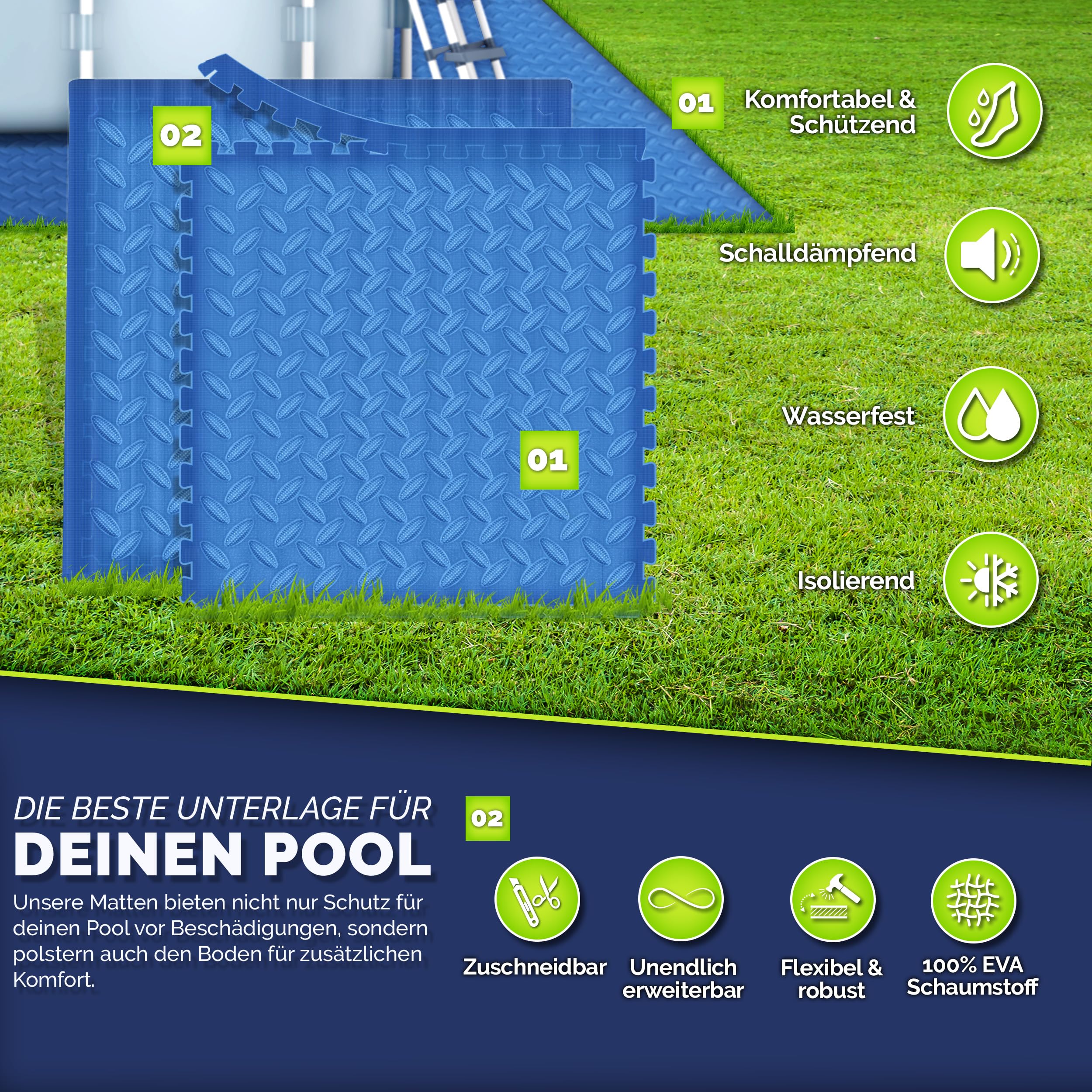 tillvex® Set di 24 tappetini protettivi per piscina | Tappetino sotto il piano per piscina e vasca gonfiabile | Tappetino per piscina e per esterni | Tappetini per protezione del pavimento e
