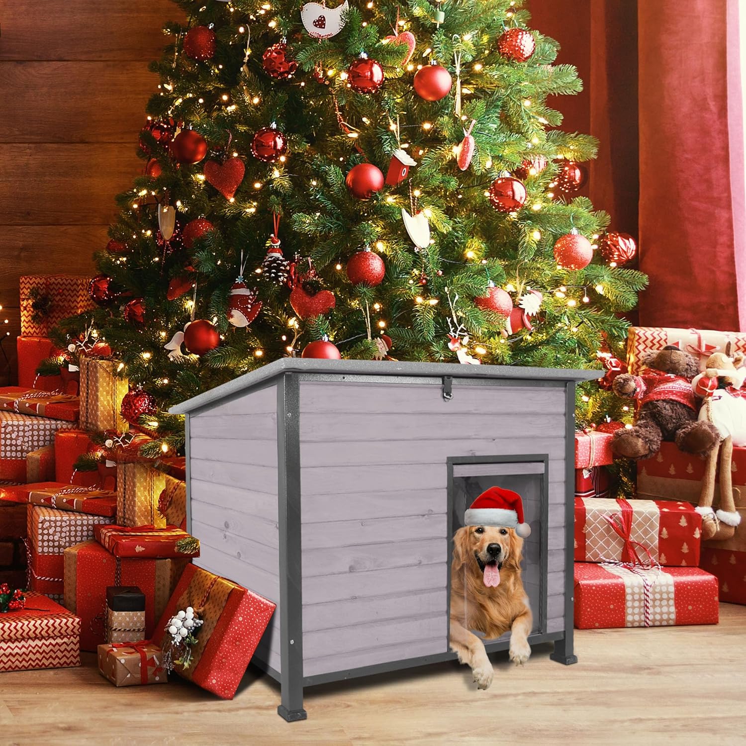 Seiyierr Dog House Outdoor with Prevent Chewing Iron Frame, Cat Houses Removable Floor and Open Roof for Dogs,Cats,Rabbits Animals
