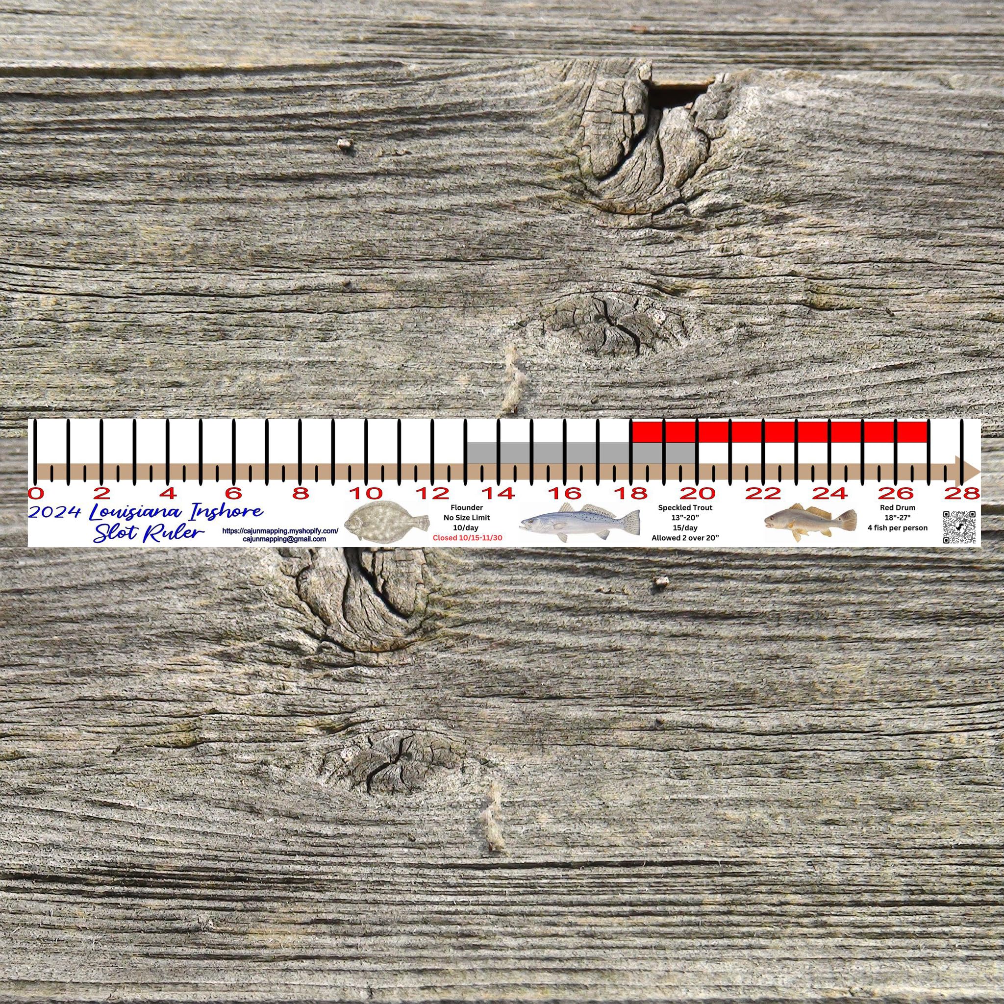 Generic Louisiana Inshore Fishing Slot Ruler Decal - Updated Regularly as New Regulations Take Effect