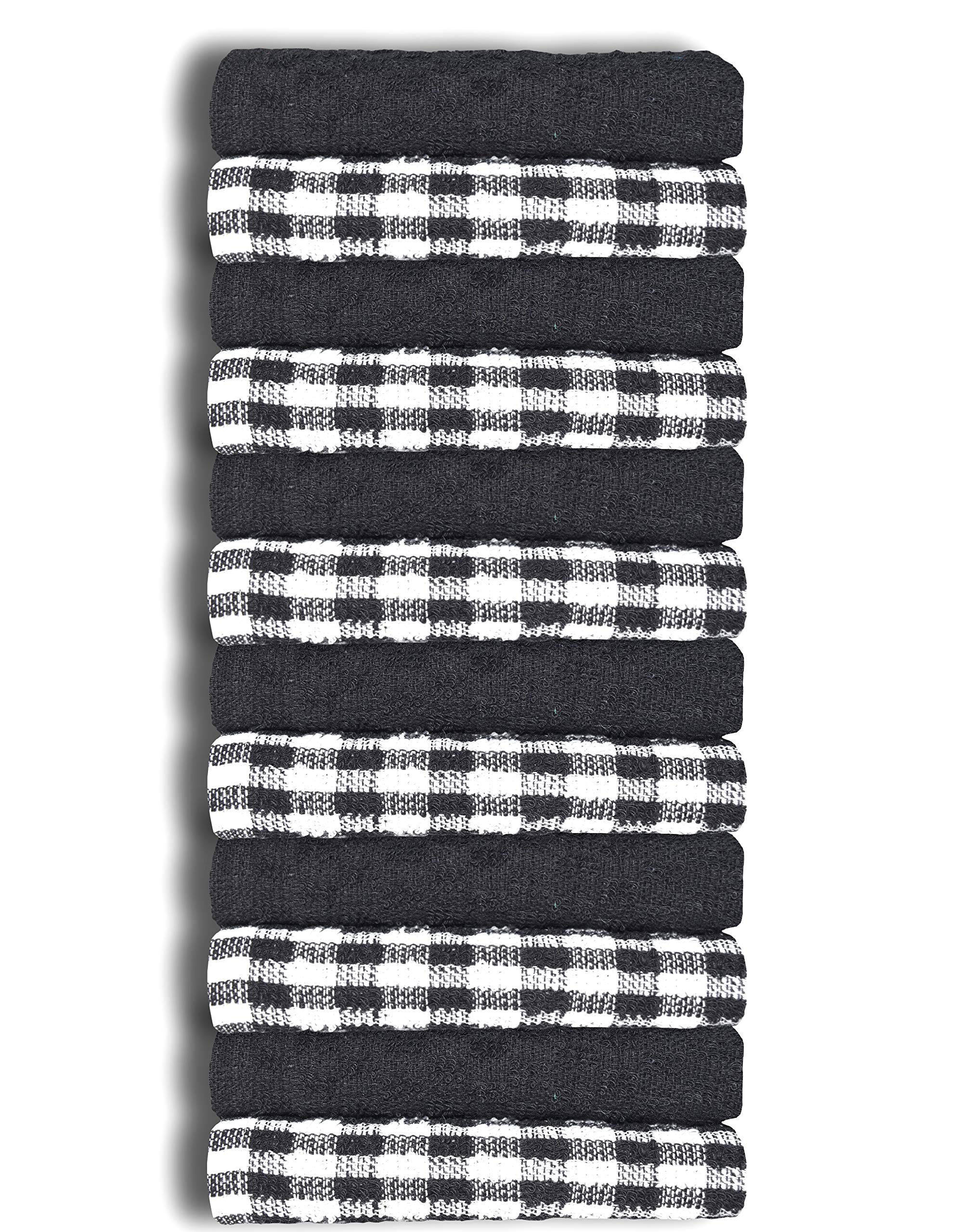 A & B TRADERS 100% Cotton Terry Tea Towels Packs (Sets of 2, 3, 6, 12 or 15) Egyptian Mono Check Superdry Soft Professional Hotel Quality Kitchen Dish Cloth (Black, 12)