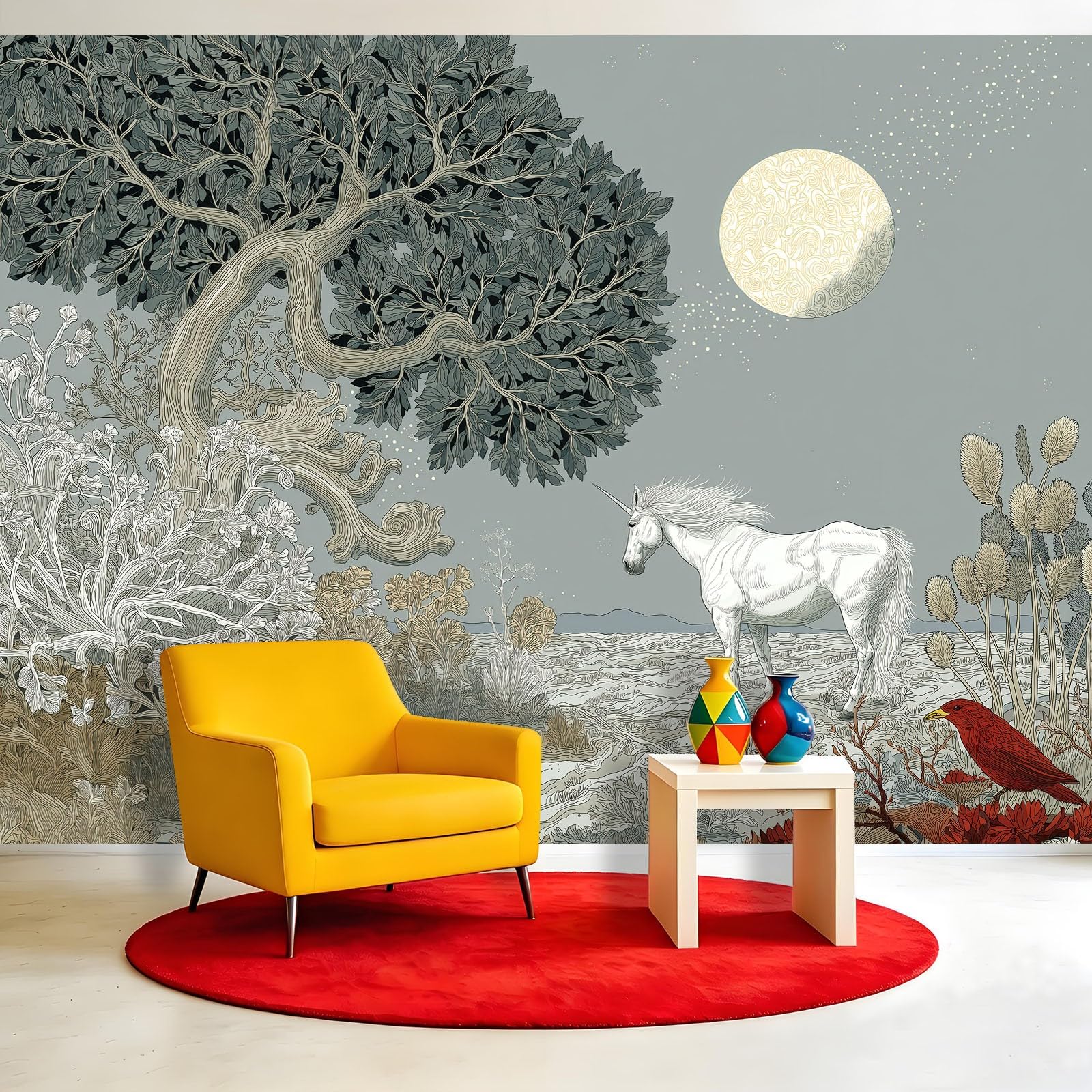 Panoramiczna tapeta fantasy las rośliny 250 x 175 cm, tapeta z włókniny, dekoracja do salonu i sypialni, efekt 3D, jednorożec, gwiaździste niebo, drzewa, księżyc