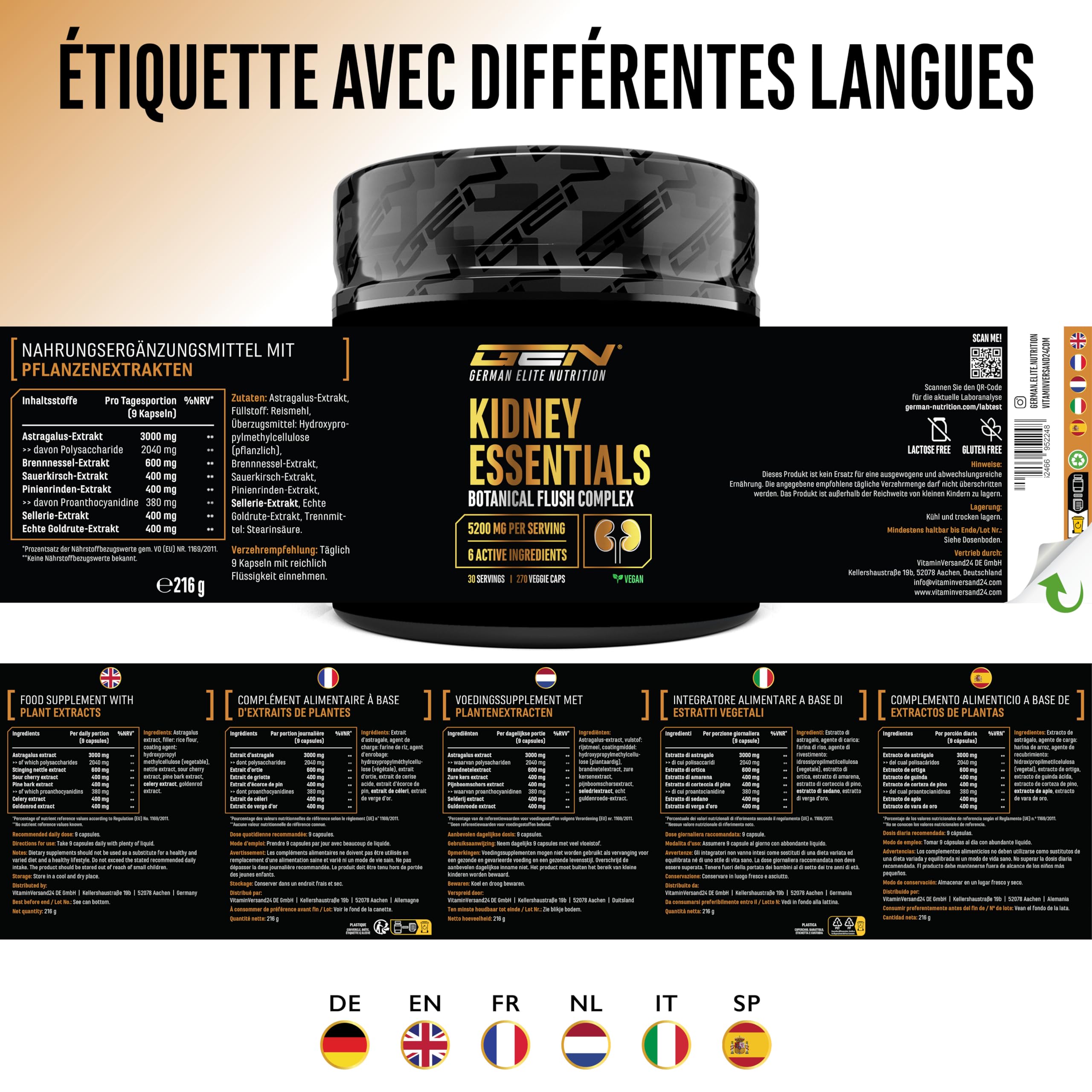 Kidney Essentials - 270 capsules - Complexe Botanical Flush Hautement Dosé avec Extraits d’Astragale, d’Ortie, de Cerise Griotte, d’Écorce de Pin, de Céleri et de Verge d’Or - Vegan