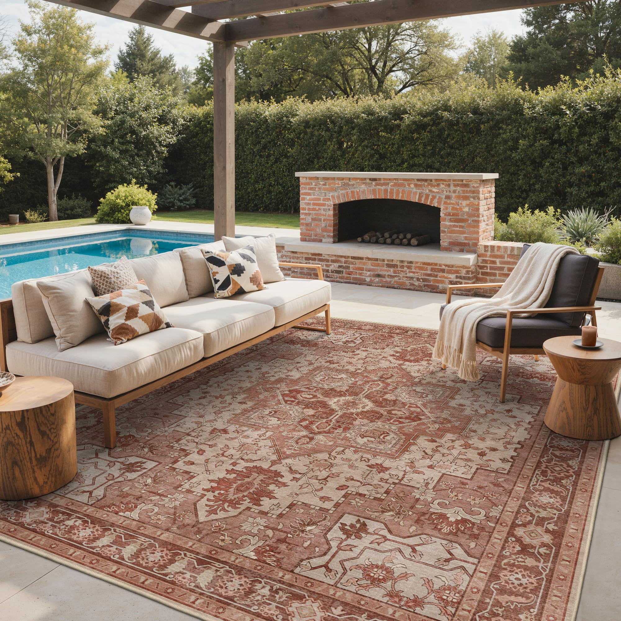 Photo 1 of **NEEDS CLEANING** GENIMO Outdoor & Indoor Area Rug 8'x10', Waterproof, Non-Shedding, Easy Cleaning, Boho Mat for Patio, Living Room, Balcony, Dining Room, RV, Deck, Bedroom, Camping, Outside Carpet,Brown Red