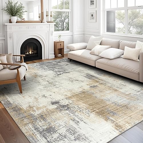 ReaLife Rugs Machine Washable Area Rug - Living Room Bedroom Bathroom Kitchen Entryway Office - Padded Low Pile Stain Resistant Premium - Modern Abstract Contemporary - Quinn - Beige 6' x 8'