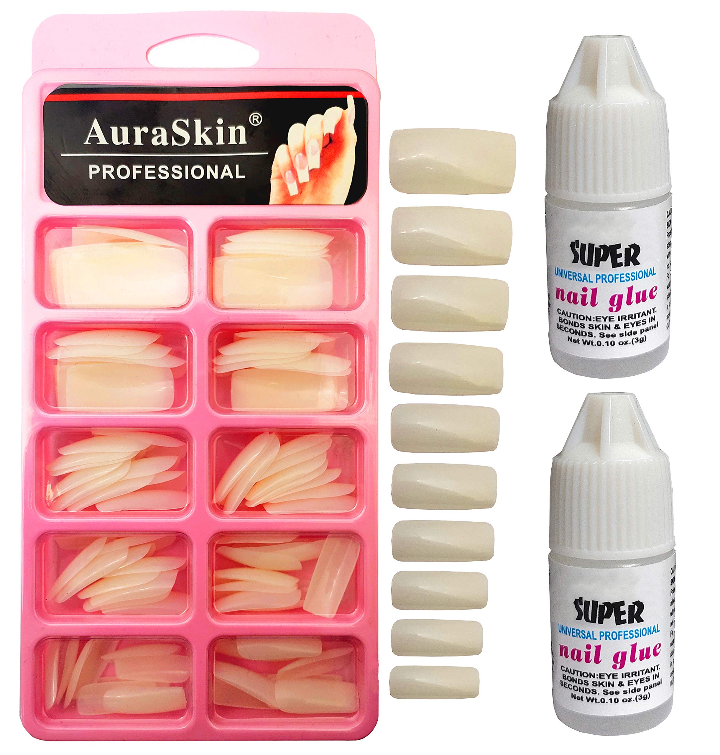 AuraSkinBest Artificial Nail Tips False Nails with 2pcs Strong Nail Glue White Natural (Pack of 100)