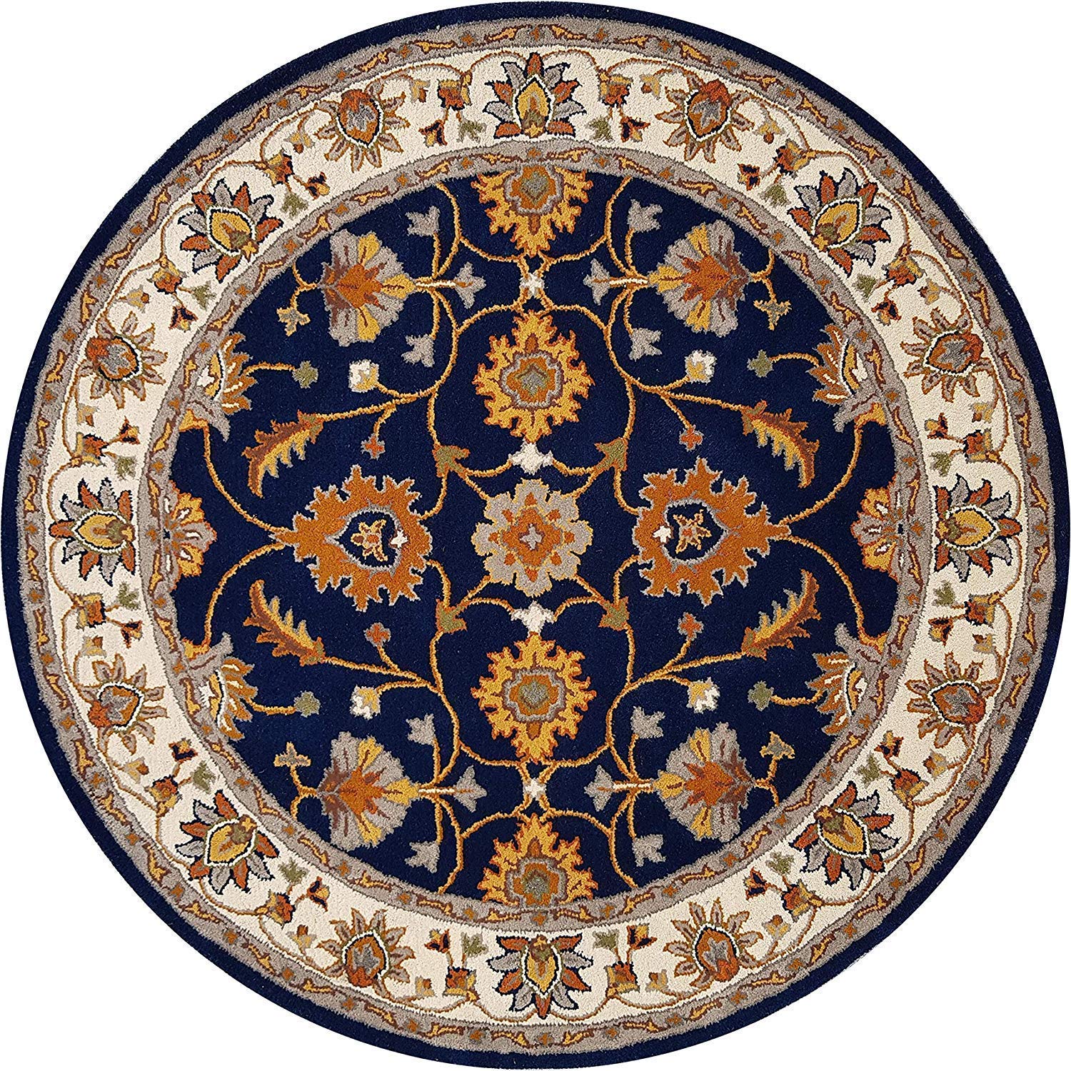 Handmade Premium Area Rug Traditional Classic Luxury Wool Crafted Non- Slip Bedroom Rug, Round Area Rug for Living Room, Bedroom 120 X 120 CM (Navy Blue Multi 14)