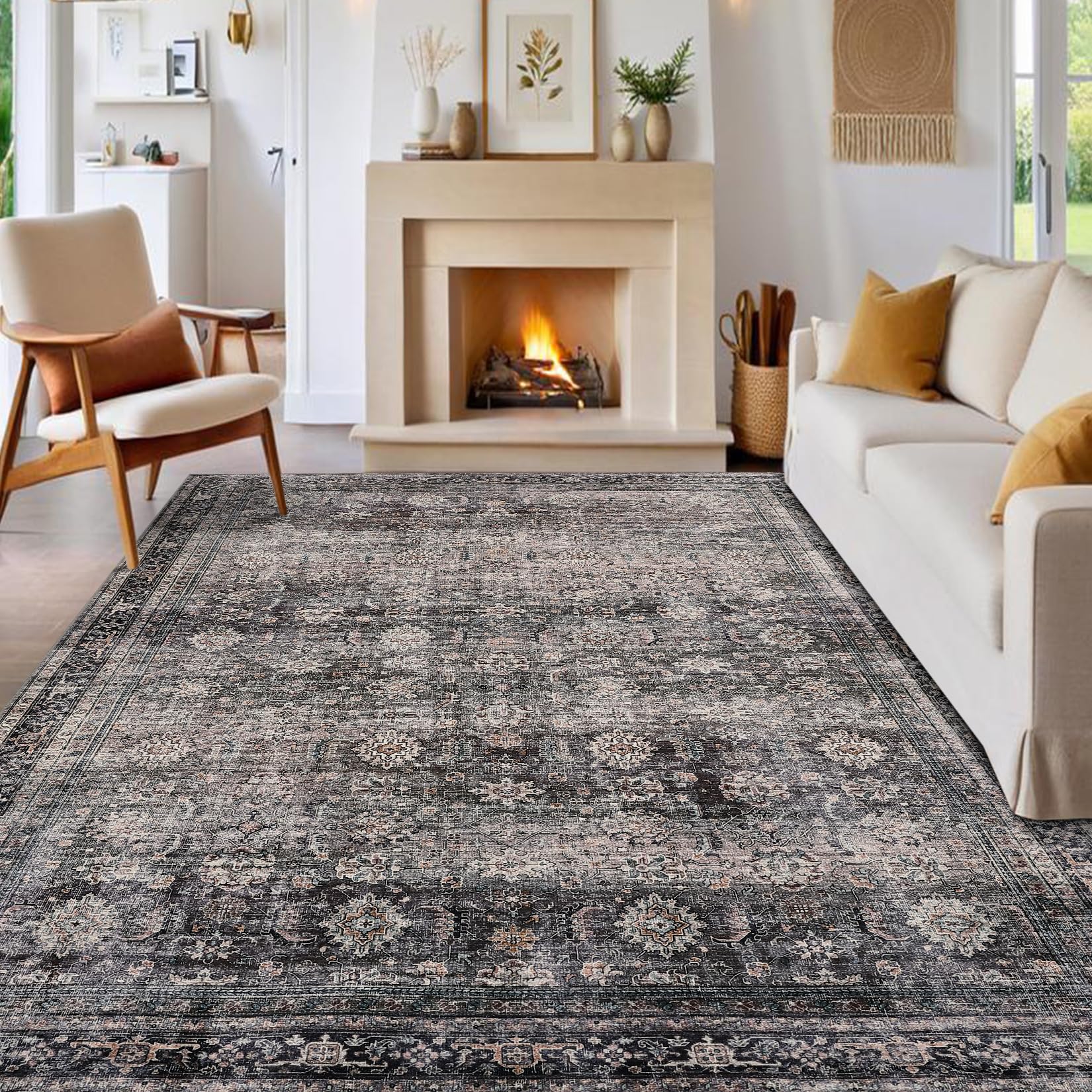 LuxFocus Washable Rugs 120x170cm, Vintage Distressed Area Rug Living Room, Low-Pile Oriental Carpet Bedroom, Non-Slip Traditional Carpets for Dining Room Home Office, Green Camel