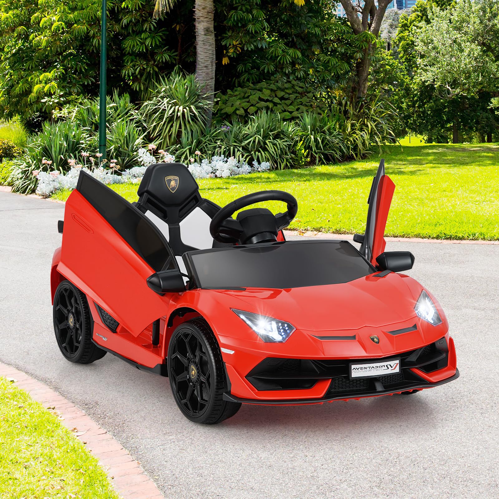 COSTWAY 12V Lamborghini Macchina Elettrica per Bambini, Veicolo Elettrico con Telecomando Sospensione a Molla Luci LED MP3, 3-5 km/h, per Bambini 3 Anni+ (Rosso)