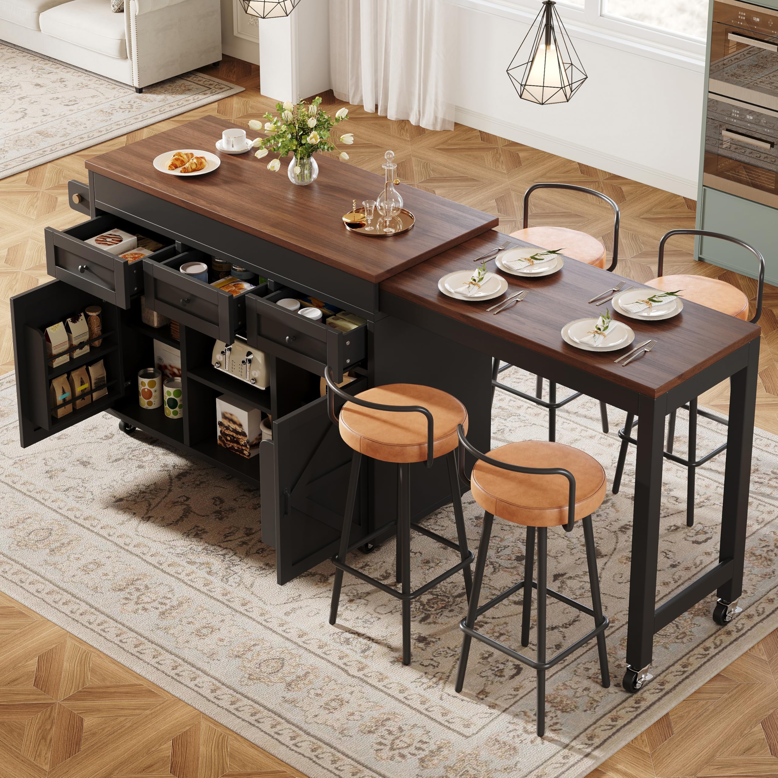 Isola da cucina con vano portaoggetti, tavolo da bar allungabile da 131,5 a 210 cm, mobile da cucina con cassetti e armadi, tavolo da pranzo, piano di lavoro per cucina, sala da pranzo e