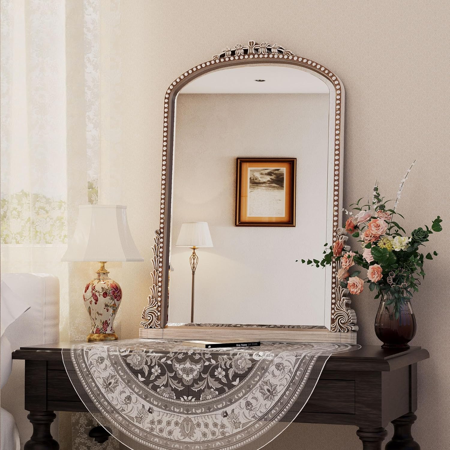 Wall Mirror, Vintage Carved Bathroom Mirror 22" x 32" Antique Metal Frame Wall Mirror for Bedroom, Living Room, Entryway, Fireplace, Hallway, Silver