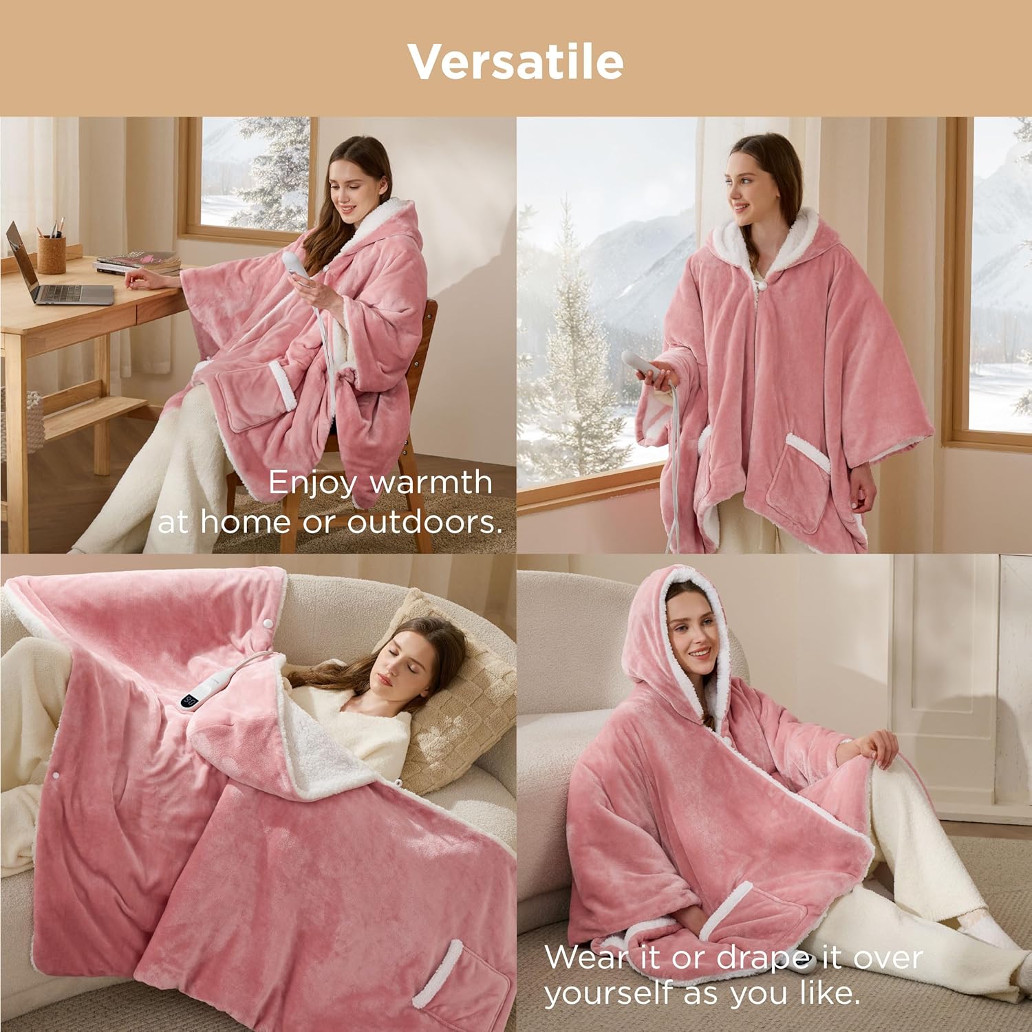 Bedsure Heated Blanket Wearable Shawl - Electric Wrap Poncho Blanket Hoodie for Adult, Winter Gifts for Mom Women Girlfriend, Warm Sherpa Heating Throw, Auto Shut Off, 55x64 inches, Pink - Image 6