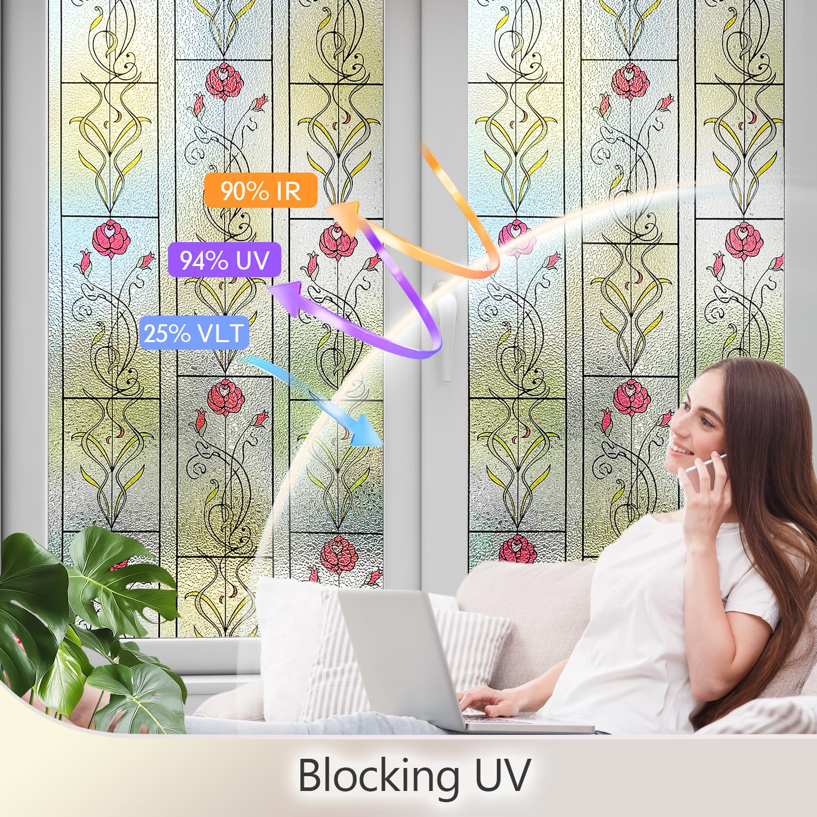 KESPEN WINDOW FILMS Film de confidentialité pour fenêtre – Film décoratif pour fenêtre en verre dépoli avec fleur de rose – Autocollant statique non adhésif pour verre – Contrôle de la chaleur pour la
