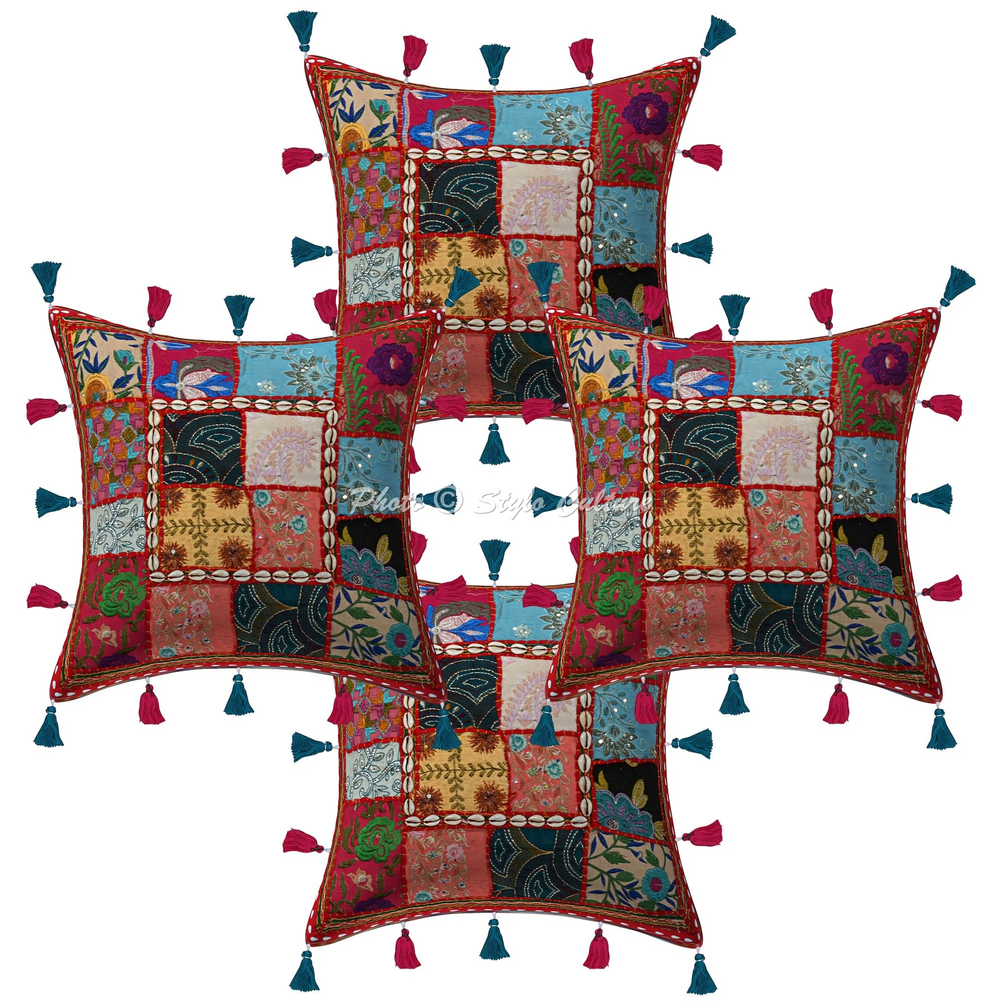 Indische Dekorativ Baumwolle Couch Kissenbezüge 40x40 cm Rot Dekokissen Gesticktes Patchwork Schlafzimmer Sofa Kissen Bezüge Blumen Quadrat Umschlagverschluss 16x16 Kissenhullen - 4 Stk.