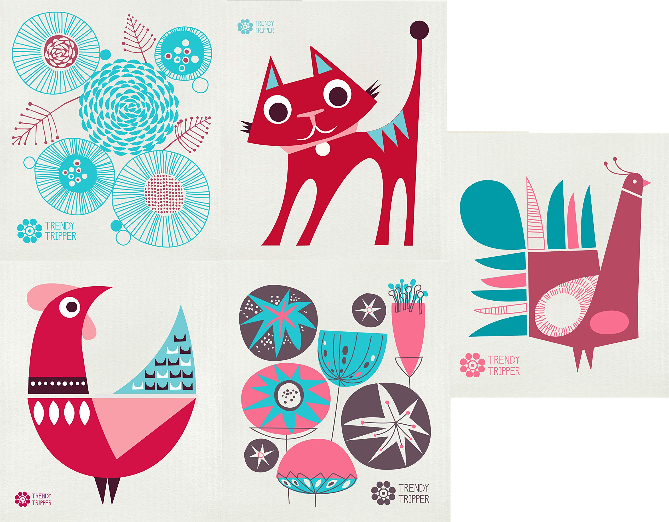 Trendy Tripper Swedish Dishcloth/Sponge Cloths, Mid-Century Modern Packs of 5 MAD for MID-Century Designs on Cloth (5 MCM Reds on Natural)