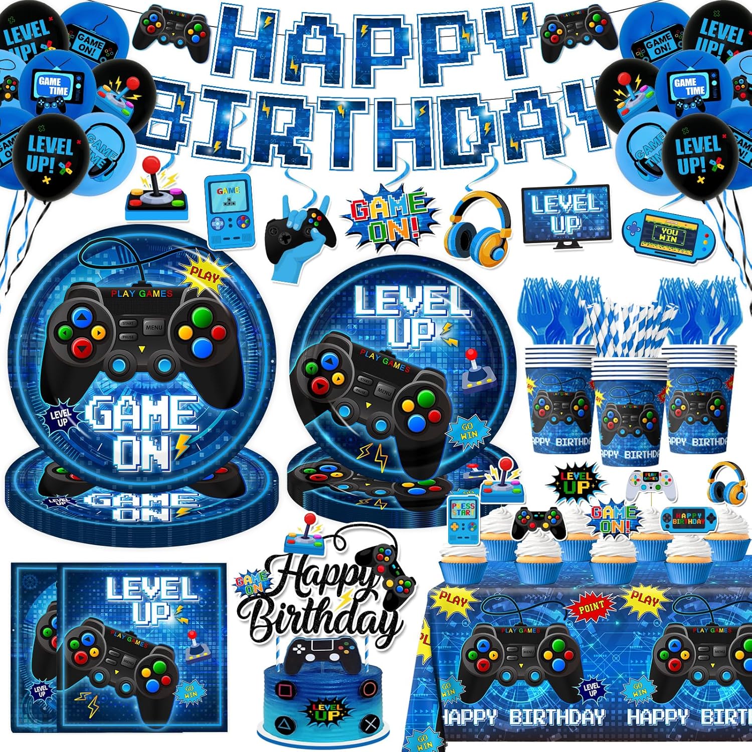 Gamer Birthday Party Decorations,192pcs Gamer Birthday Tableware Set include Plates and Napkins, Banner,Game Theme Tablecloth,Video Game Decorations for Boys Birthday Party Supplies