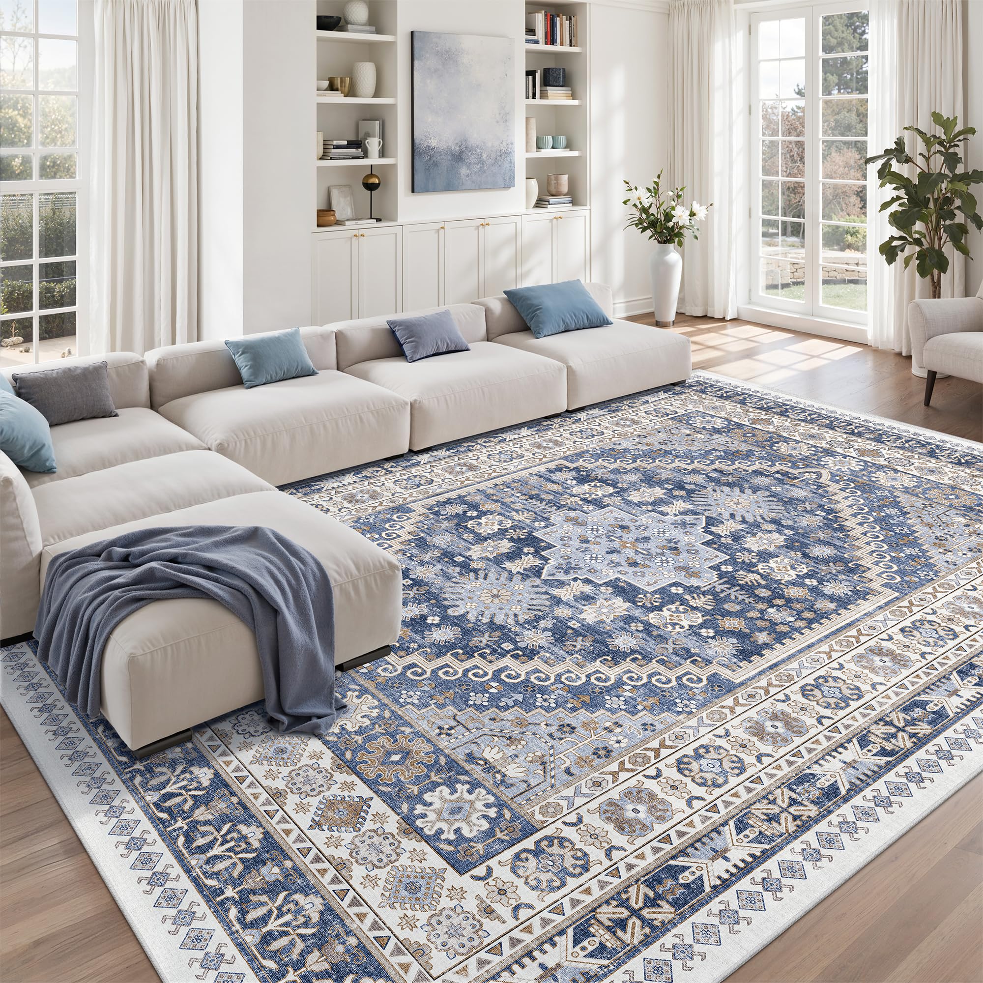 zesthome 10x12 Area Rugs,Stain Resistant Washable Rug,Ultra-Thin Rugs for Living Room,Bedroom,Non-Slip Backing Home Decor Large Area Rug (Blue/Beige,10'x12') — image 1