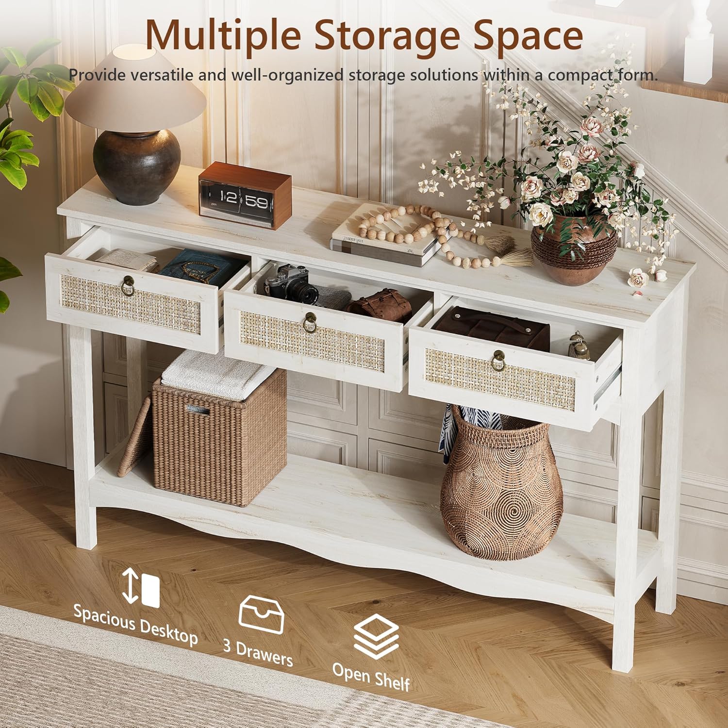 LAZZO Entryway Table 51" Narrow Console Table with Rattan Drawers,Storage Shelf and Bronze Handles Couch Table Behind Sofa for Living Room,Hallway and Foyer White Oak