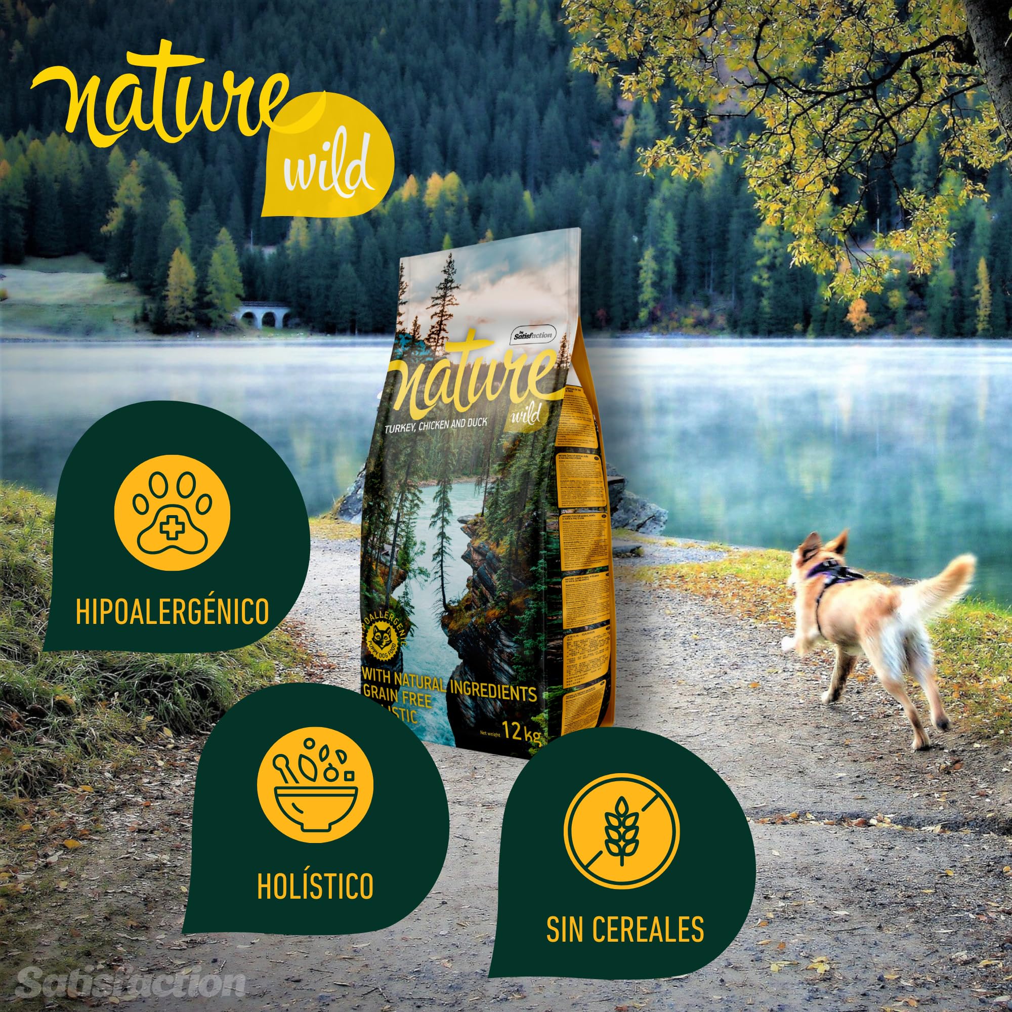 Nature Wild by Satisfaction - Pienso para Cachorros Sabor a Pavo, Pollo y Pato - Pienso Libre de Grano e Hipoalergénico para Todas Las Razas - Saco de 12kg