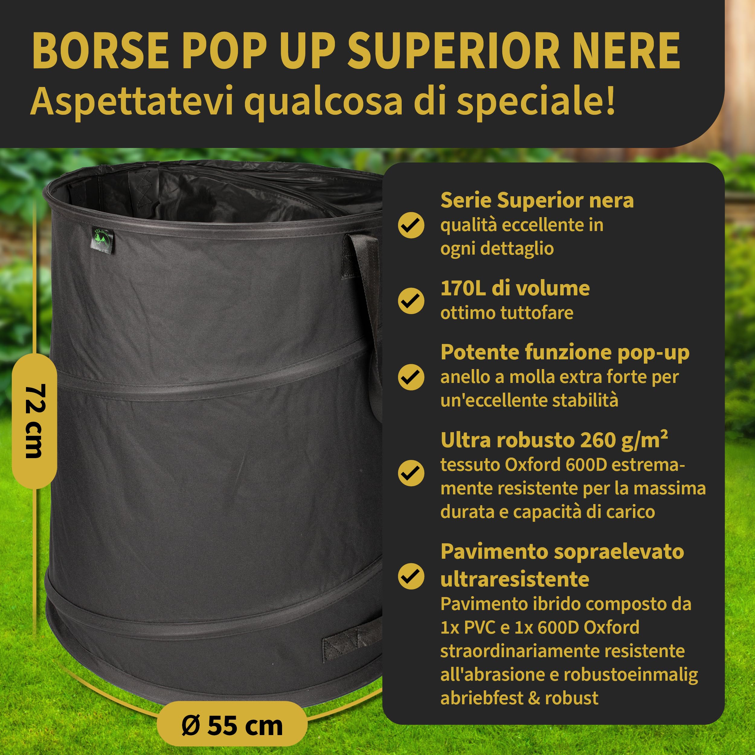 Ttl Garden Black Superior 2 X 170L Pop Up Sacco da Giardino – Doppio Fondo 260 gsm Extra Stabile 600D Oxford Set di 2 Sacchi per rifiuti da Giardino p