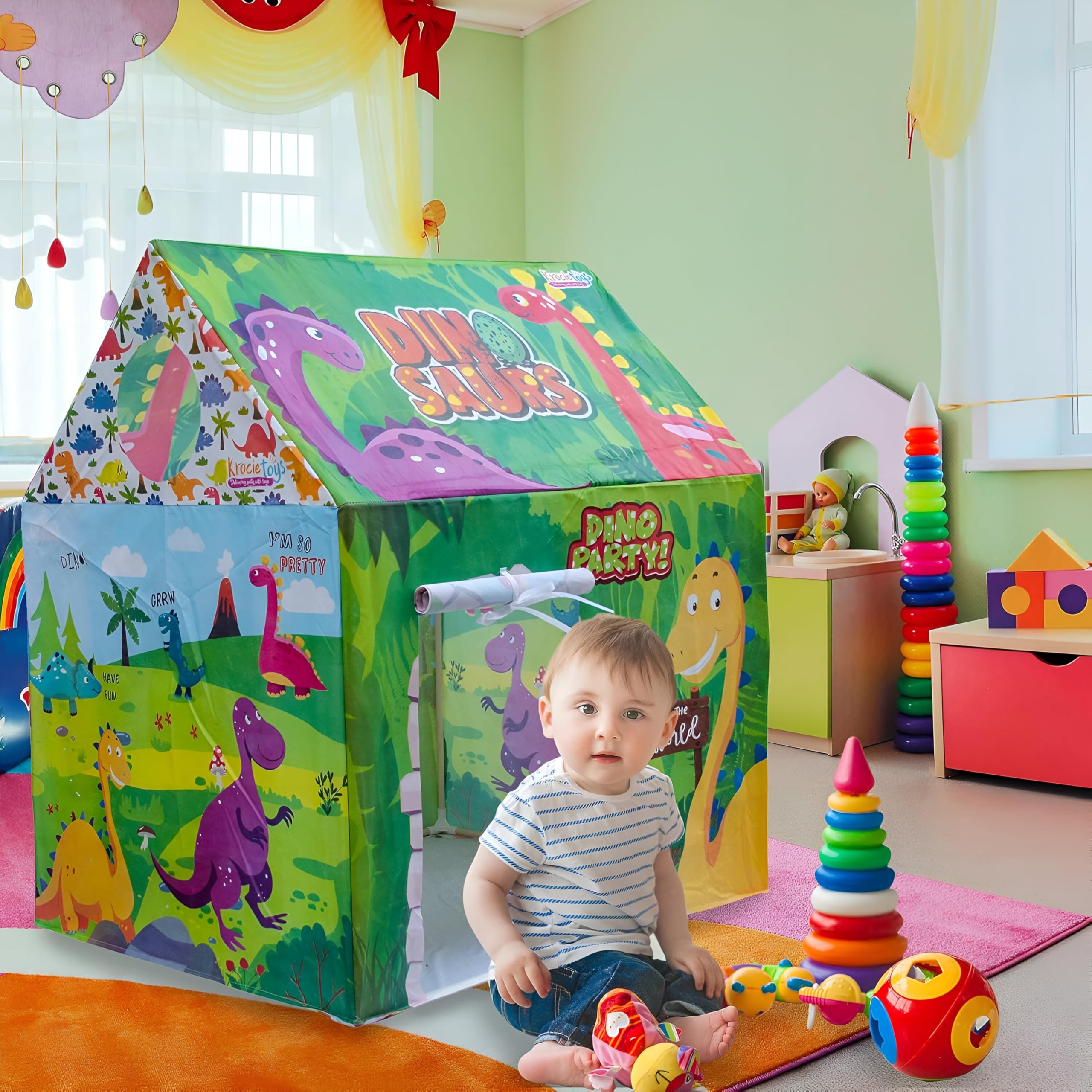 Kids Play Tent - Indoor & Outdoor Pop-Up Playhouse with Dinosaur Theme, Easy Assembly, Lightweight & Portable with Carry Bag, Durable & Non-Toxic for Boys & Girls (Ages 3-8)