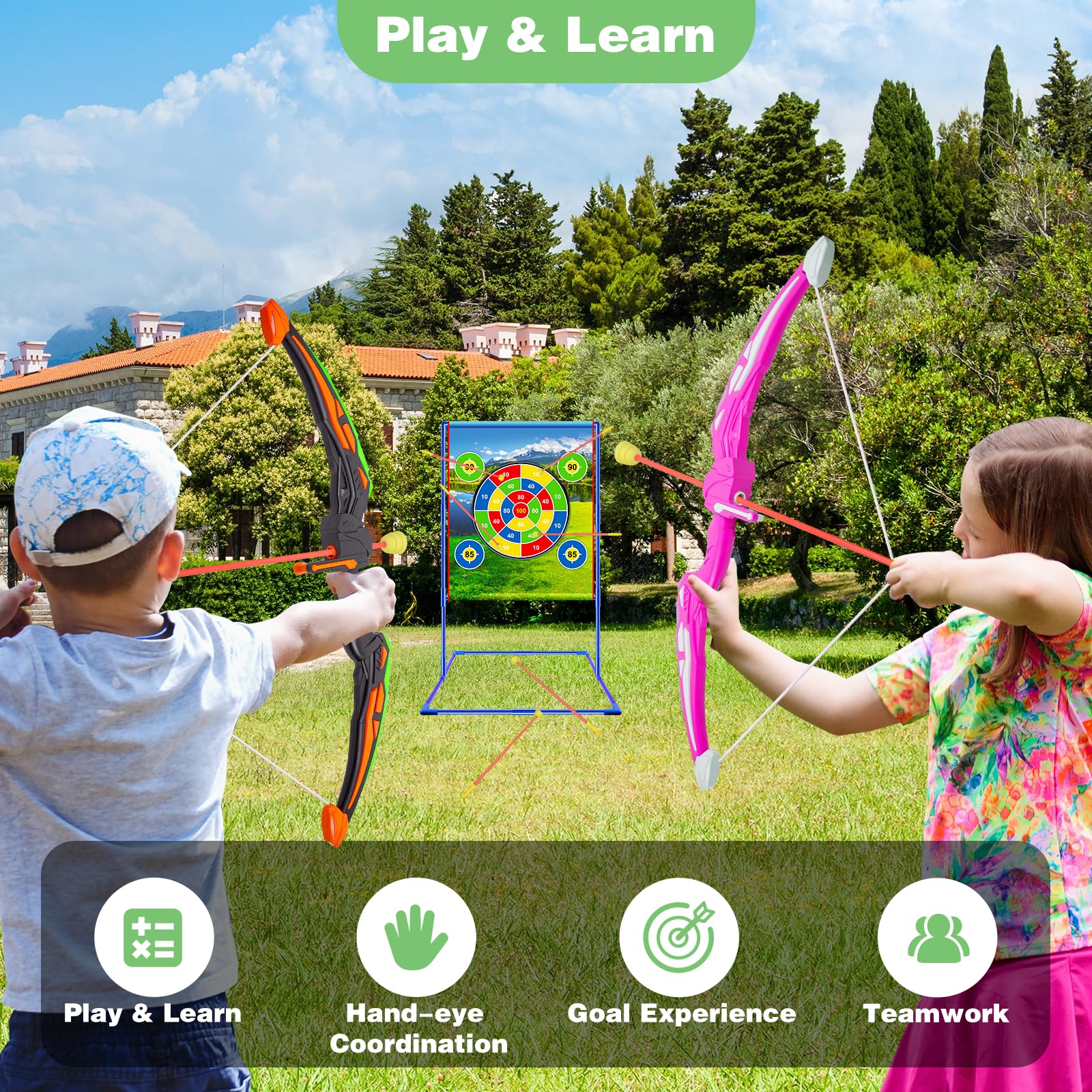 VATOS 2 Packs de Jouets Arc et flèches avec Cible Verticale et 20 flèches, Jouets d'activité d'intérieur et d'extérieur, Cadeau d'anniversaire pour garçons et Filles âgés de 3 à 12 Ans