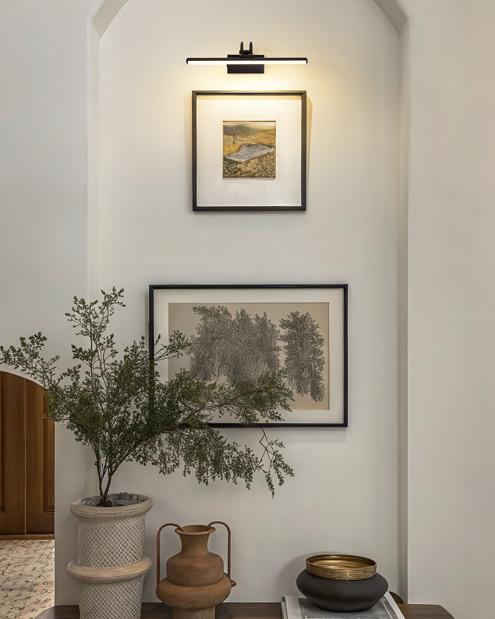 Image of KDG LED Cordless Wall Picture Lights Set of 2 with Remote, 5200mAh Rechargeable Dimmable Art Lighting, Adjustable Swing Arm, Picture Frame Light for Gallery, Living Room, Hallway, 16.3 inch, Gold