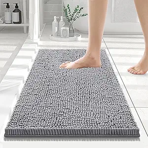 Smiry Luxury Chenille Bathroom Rugs 24x16, Extra Soft and Absorbent Shaggy Bath Mat, Machine Washable, Non-Slip Plush Carpet Runner for Tub, Shower, and Floor, Home Decor Accessories, Grey